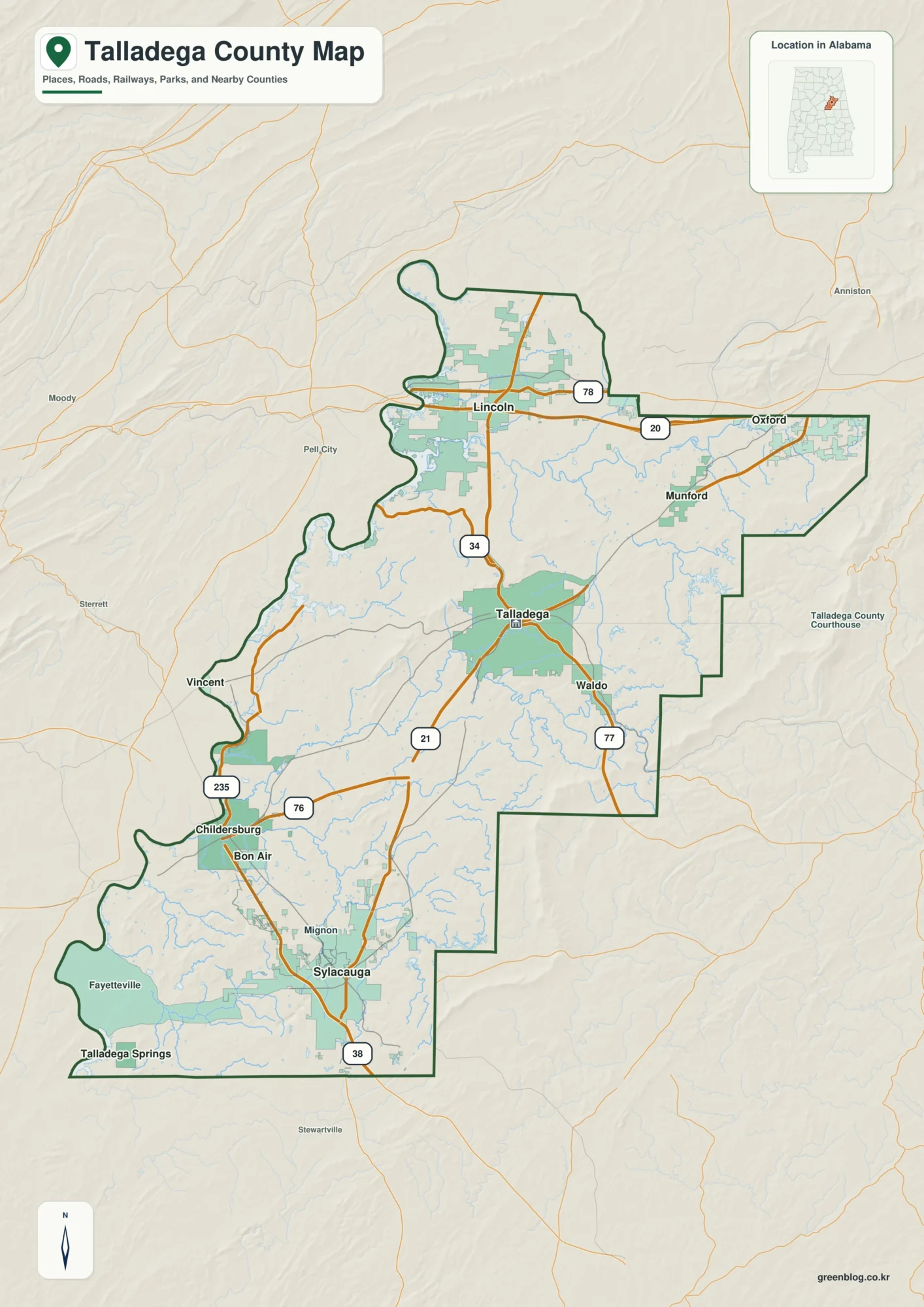 탤러디가 카운티 Talladega County 앨라배마 지도에서 카운티 경계와 주요 지명을 확인하는 지도