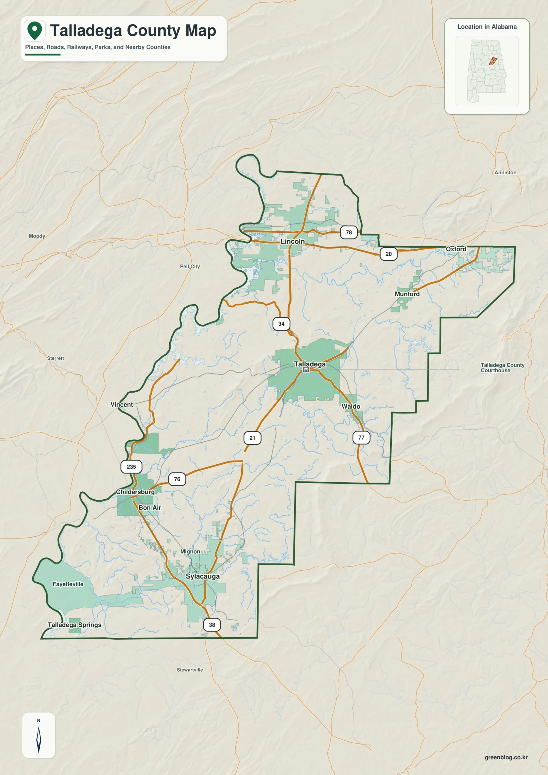탤러디가 카운티 Talladega County 앨라배마 지도에서 카운티 경계와 주요 지명을 확인하는 지도