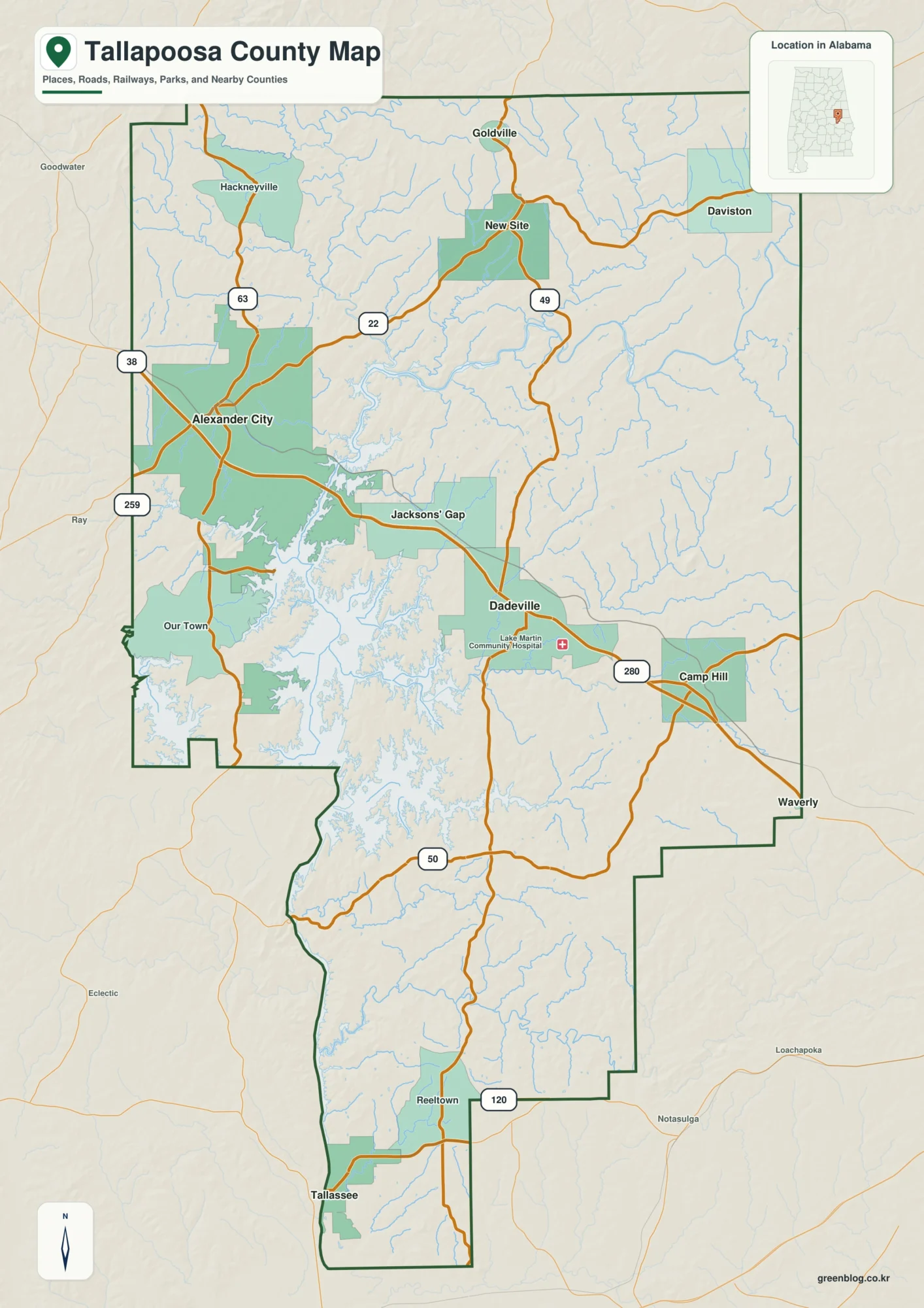 탤러푸사 카운티 Tallapoosa County 앨라배마 지도에서 카운티 경계와 주요 지명을 확인하는 지도