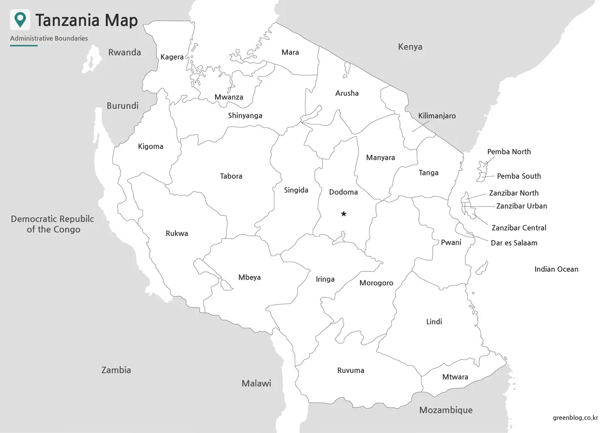 Printable Tanzania black and white map with labeled regional boundaries