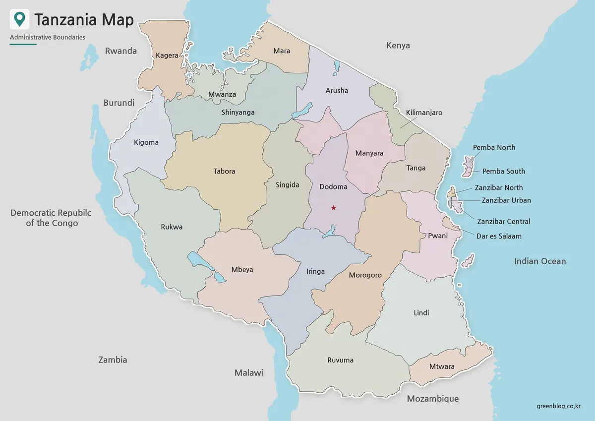 Tanzania map with color-coded regions, capital marker, and neighboring country labels