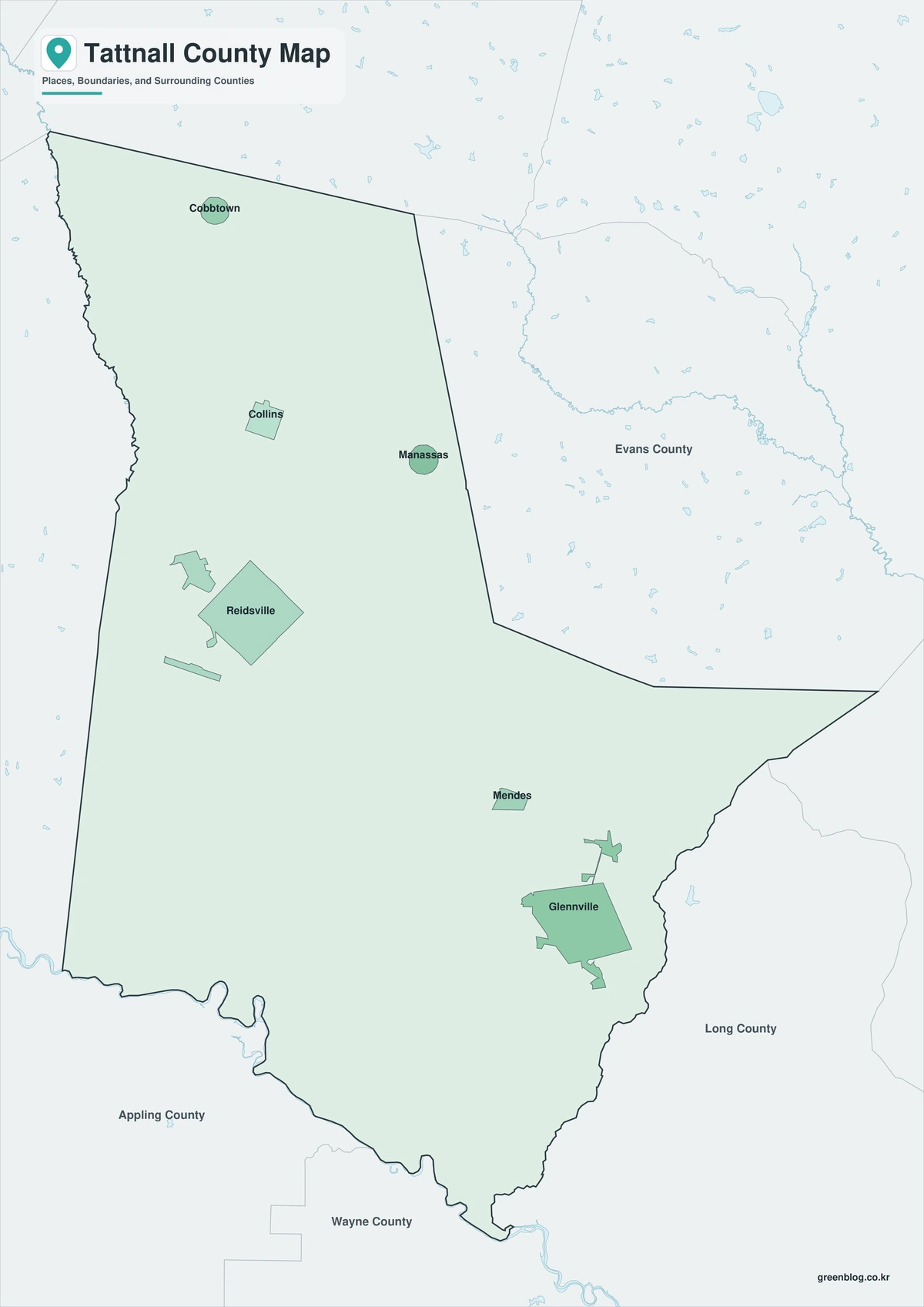 Tattnall County color map with selected place labels