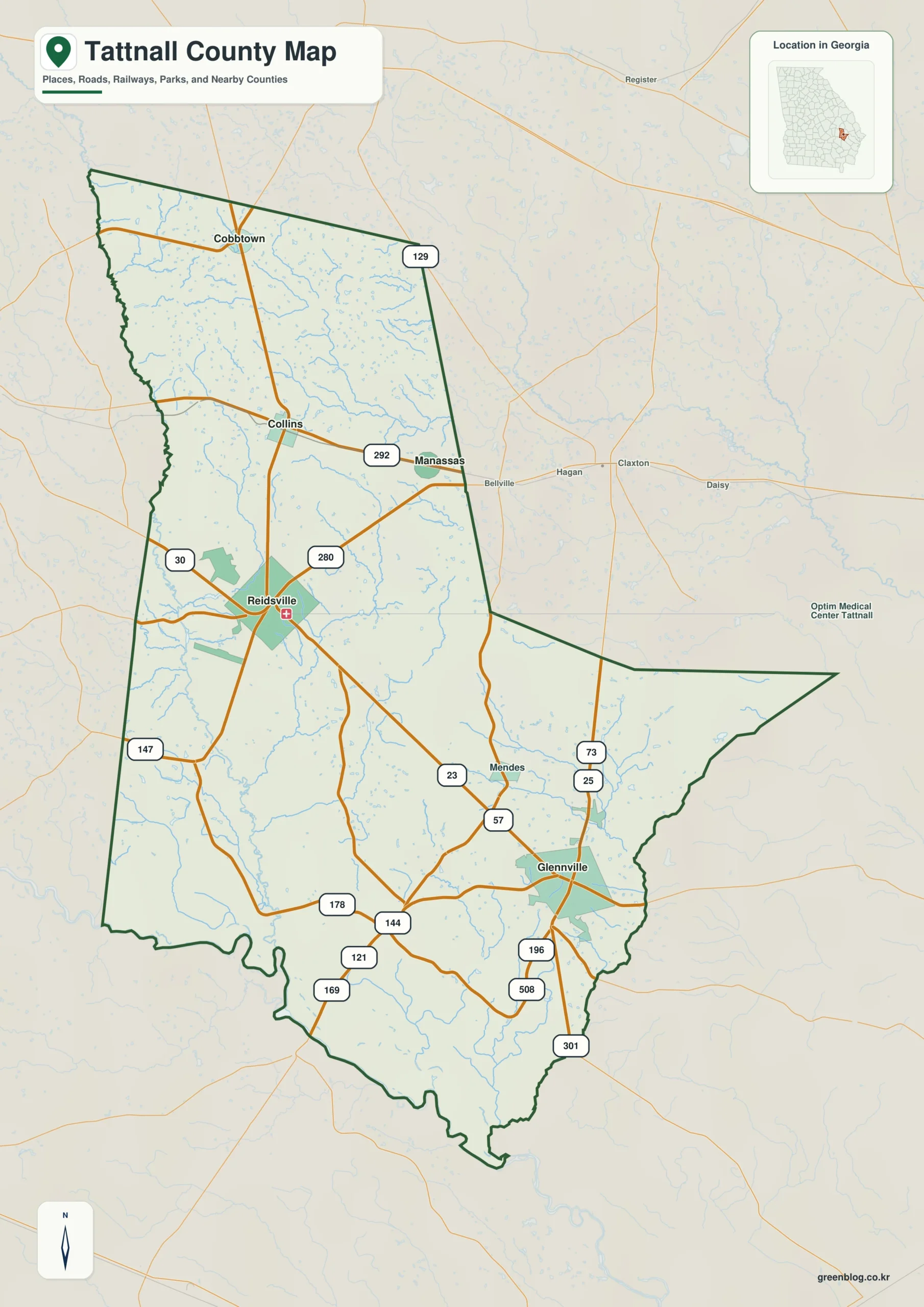Tattnall County Georgia map showing the county boundary and selected places