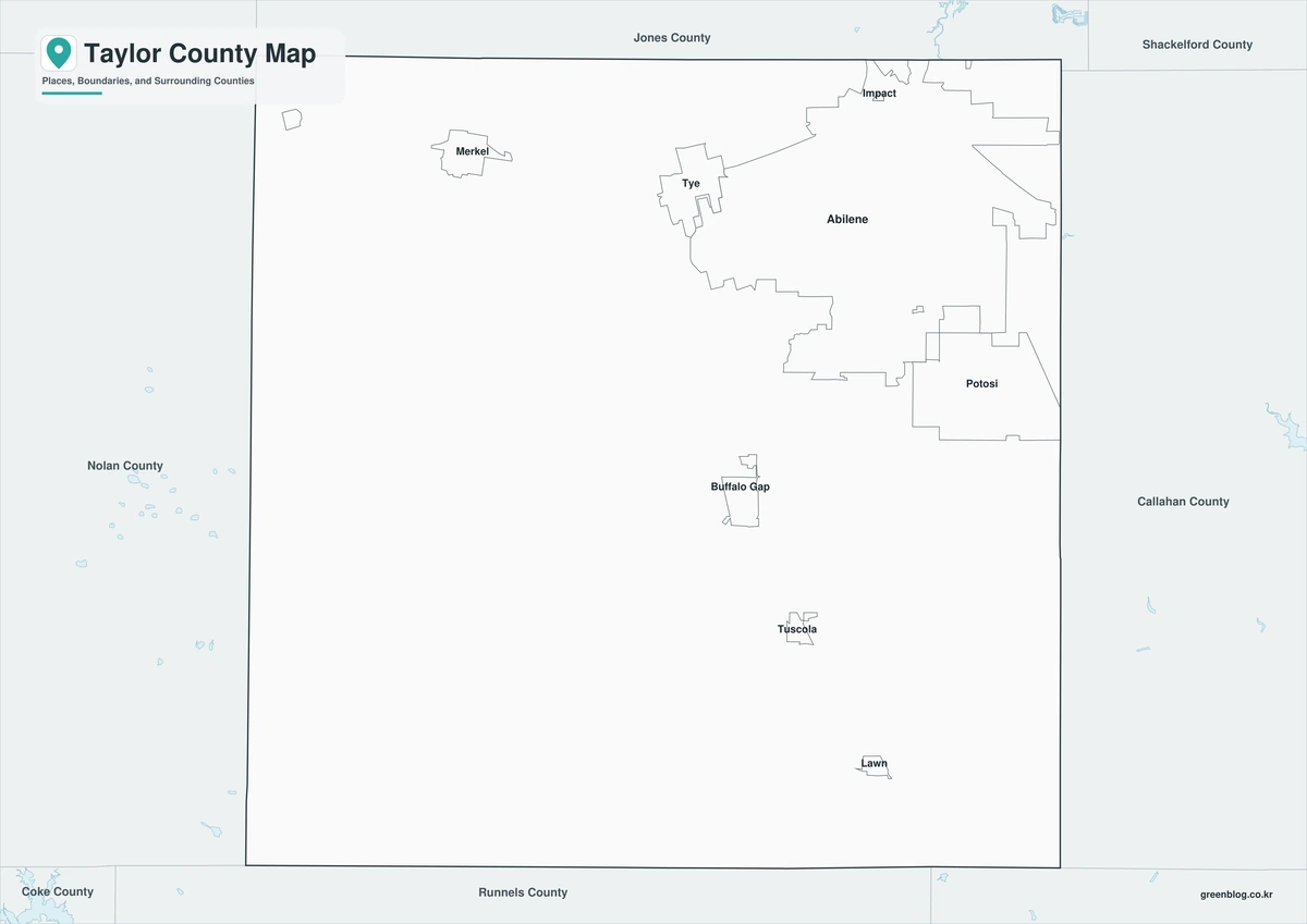 Black and white Taylor County map with selected communities and lakes