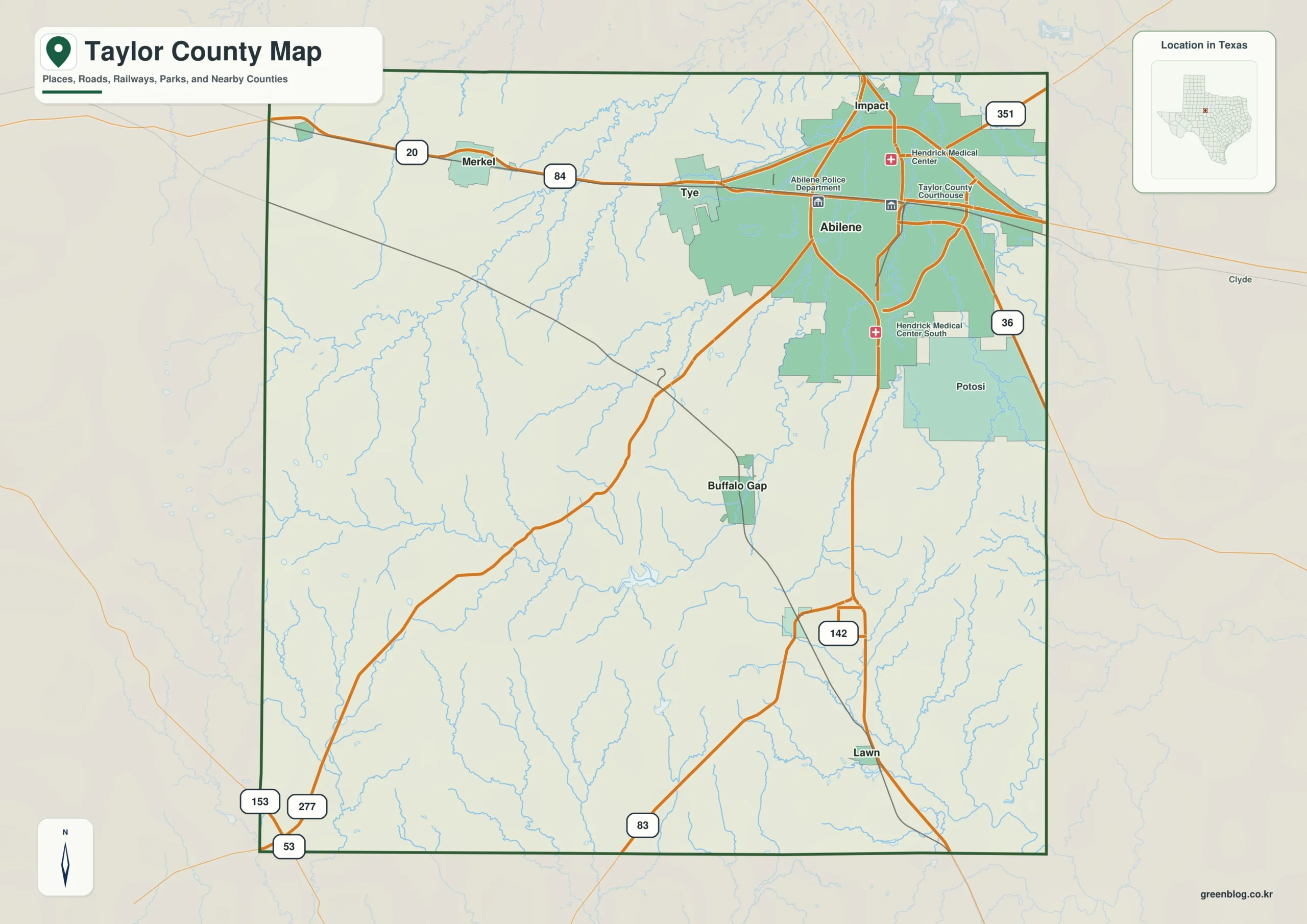 Taylor County Texas map showing Abilene, Merkel, Buffalo Gap