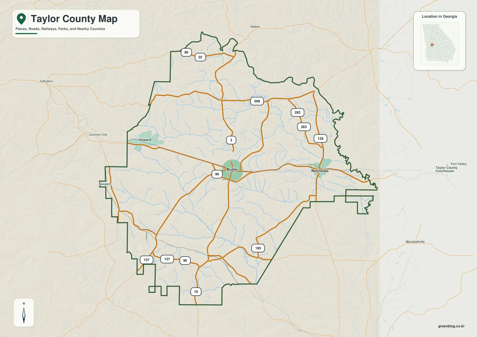 테일러 카운티 Taylor County 조지아 지도에 표시된 카운티 경계와 주요 지명