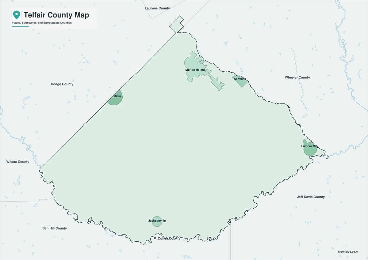 Telfair County Georgia map preview in color, black and white, and outline versions