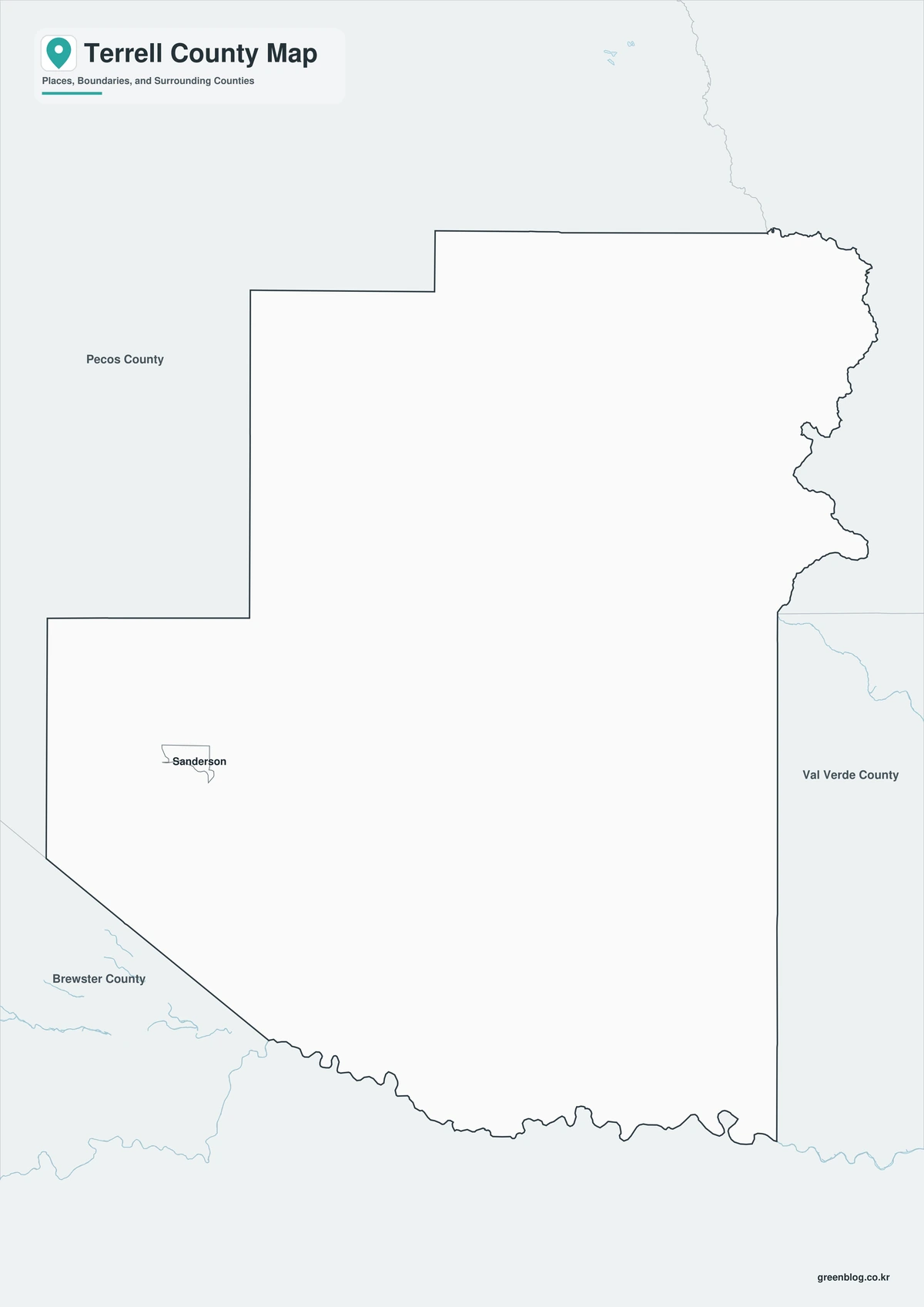 Black and white Terrell County map with selected communities and rivers