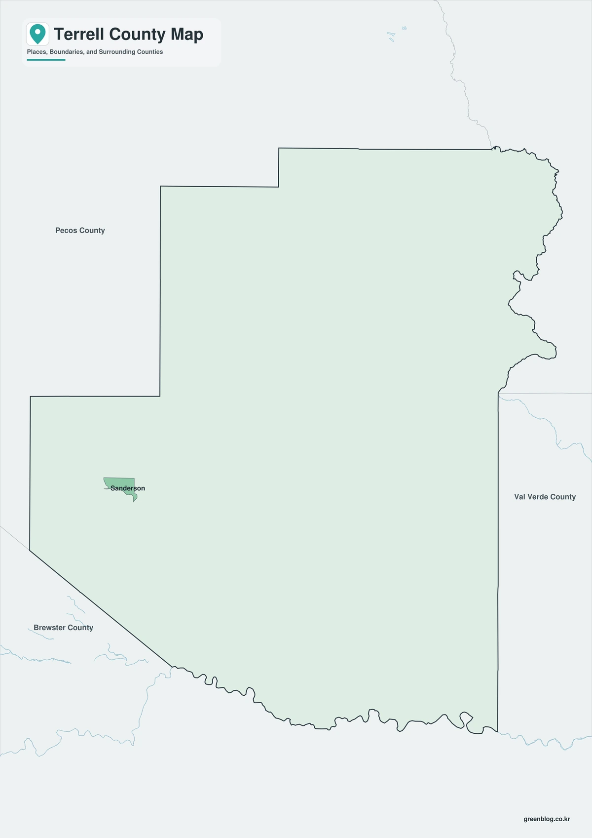 Terrell County Texas map with Sanderson, Dryden, Rio Grande, and canyon country