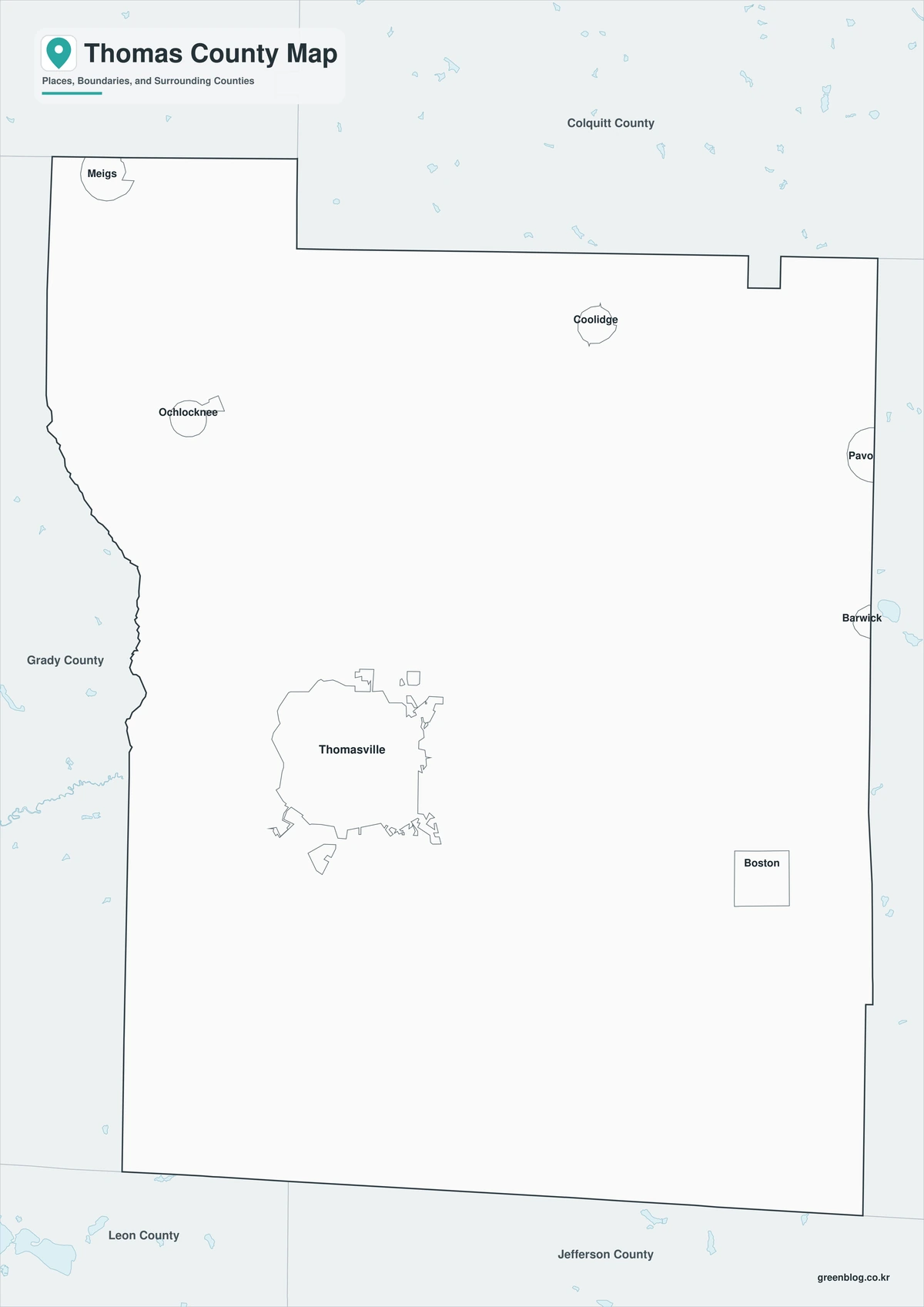 Black and white Thomas County map with labels