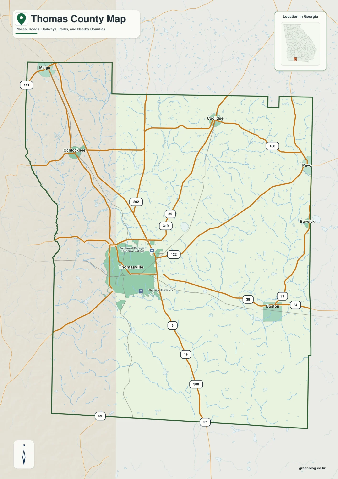 Thomas County Georgia map showing the county boundary and selected places