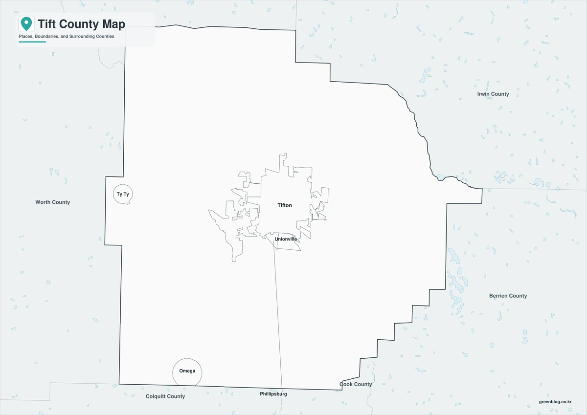 Black and white Tift County map with labels