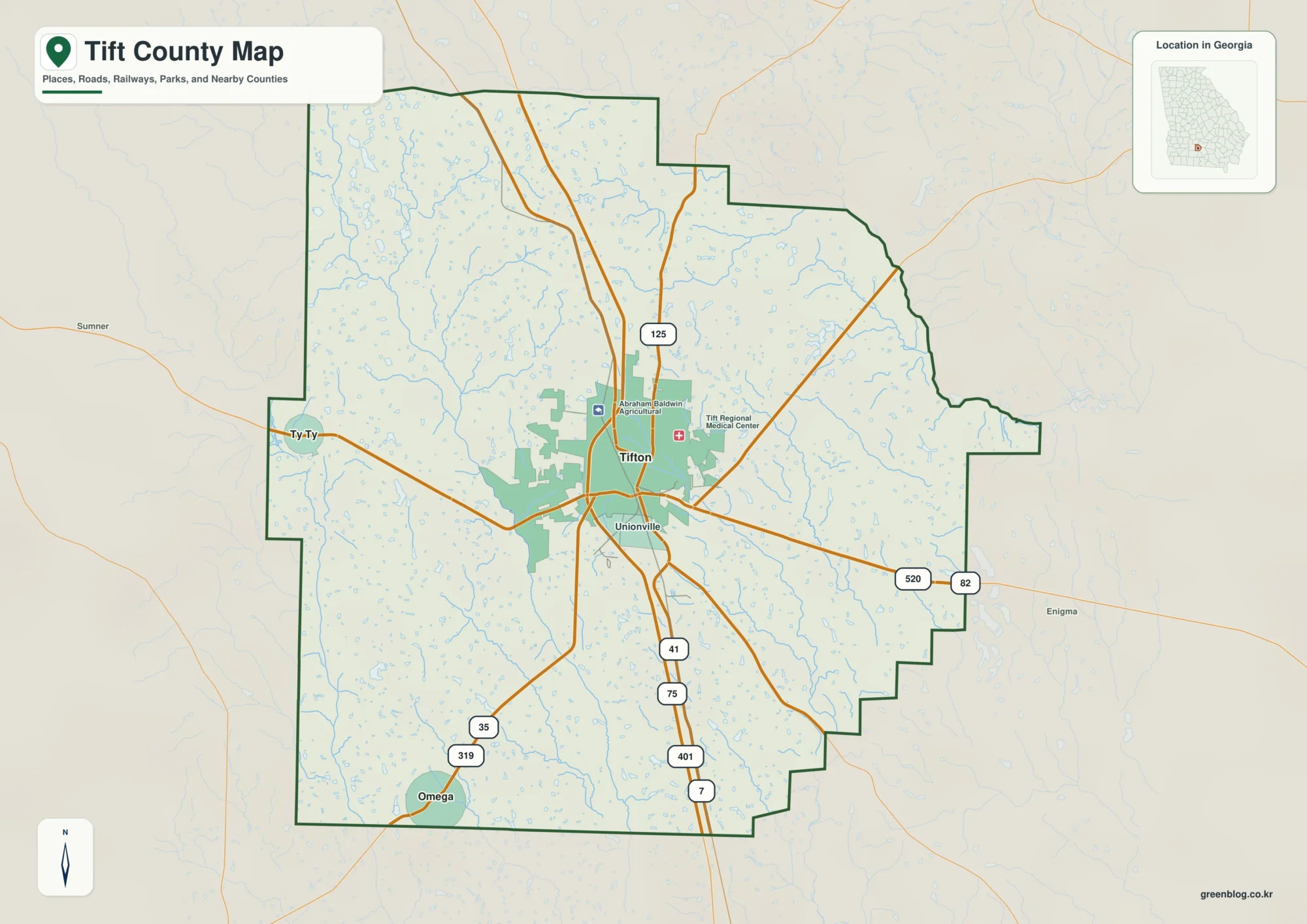 Tift County Georgia map showing the county boundary and selected places