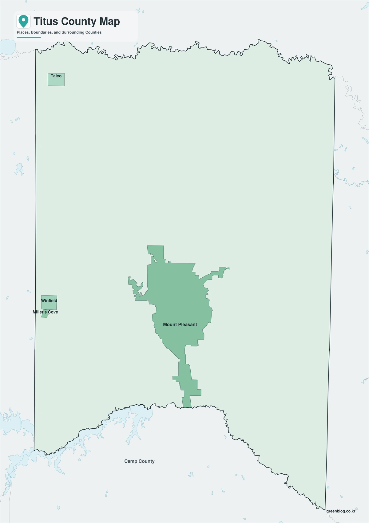 텍사스주 타이터스 카운티 지도(Titus County)와 마운트플레전트 및 호수 지역