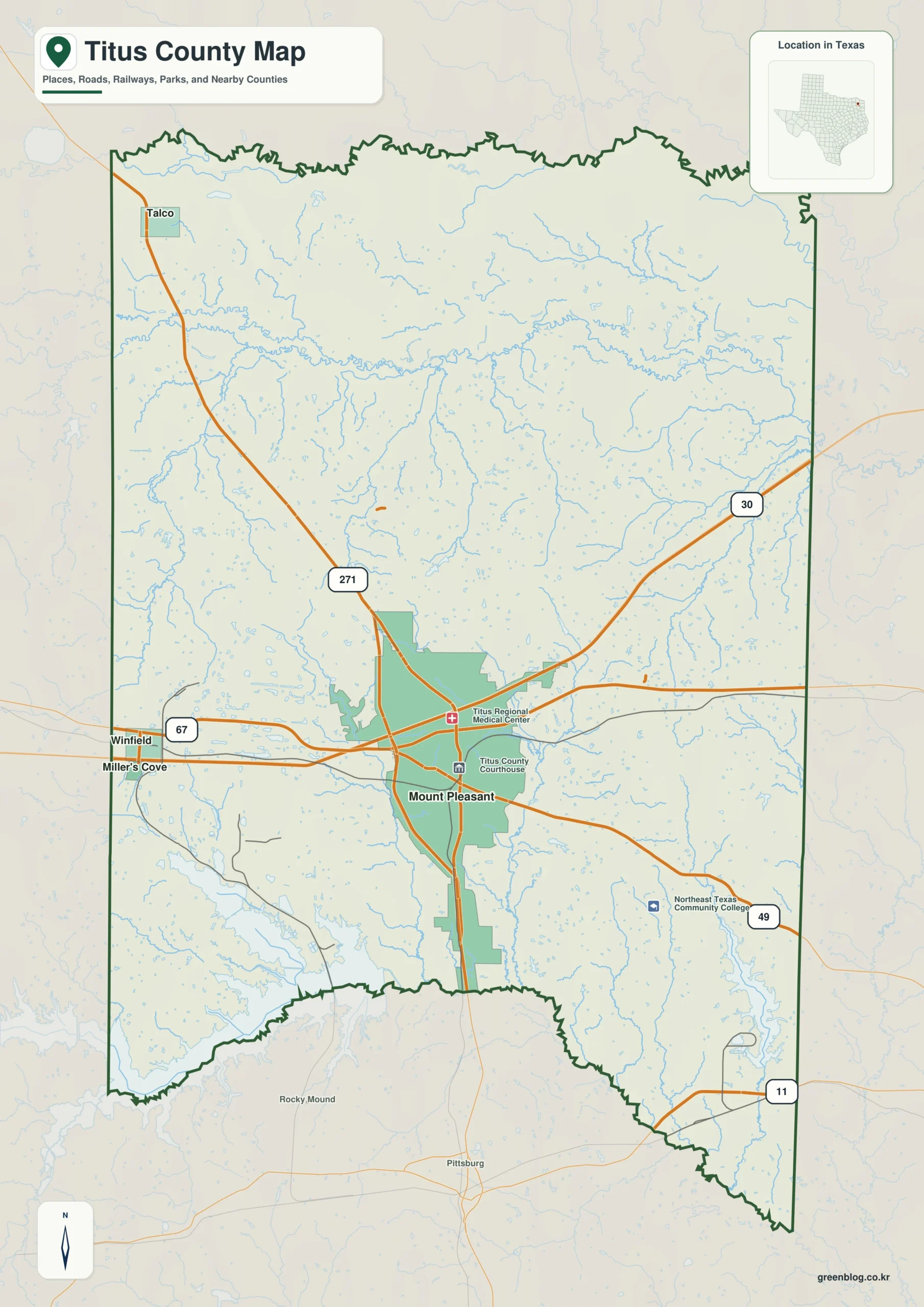 Titus County Texas map showing Mount Pleasant, Talco, Winfield