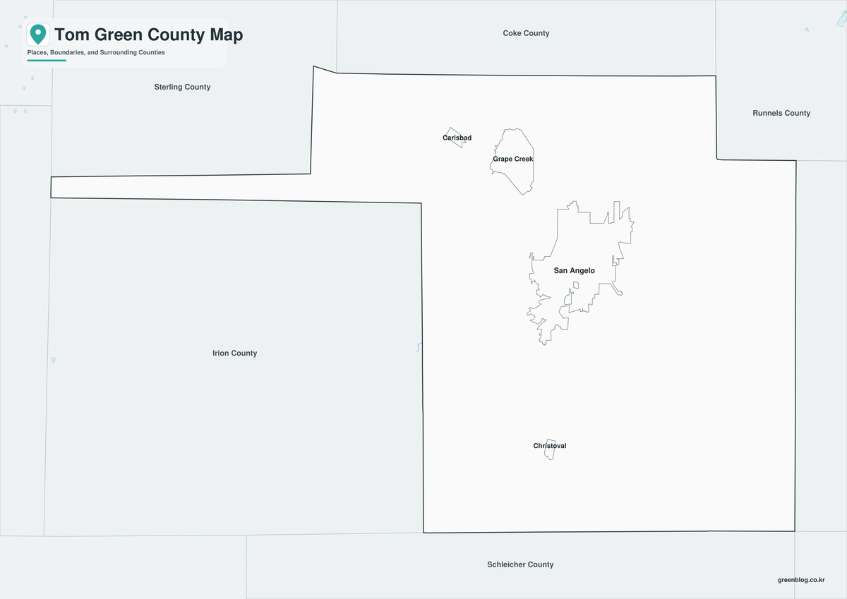 Black and white Tom Green County map with selected communities