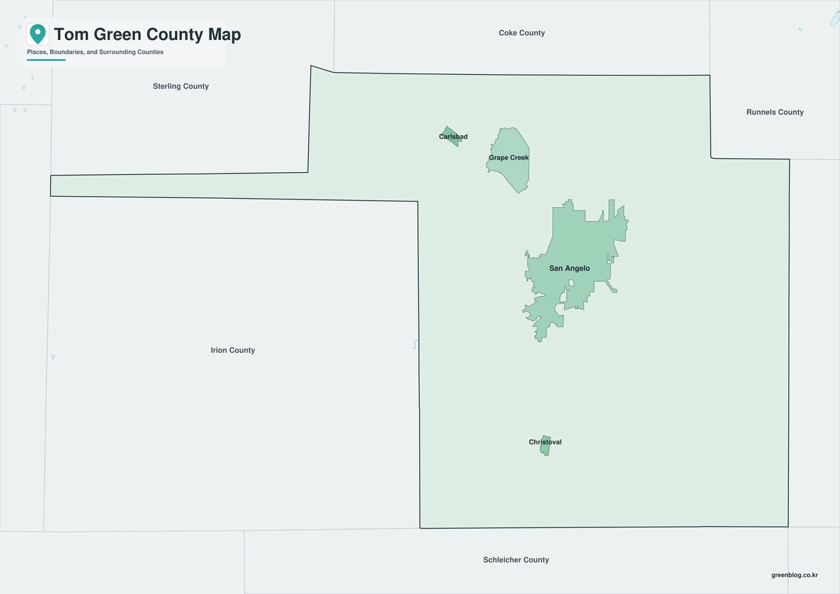 Tom Green County Texas map showing San Angelo and the Concho watershed