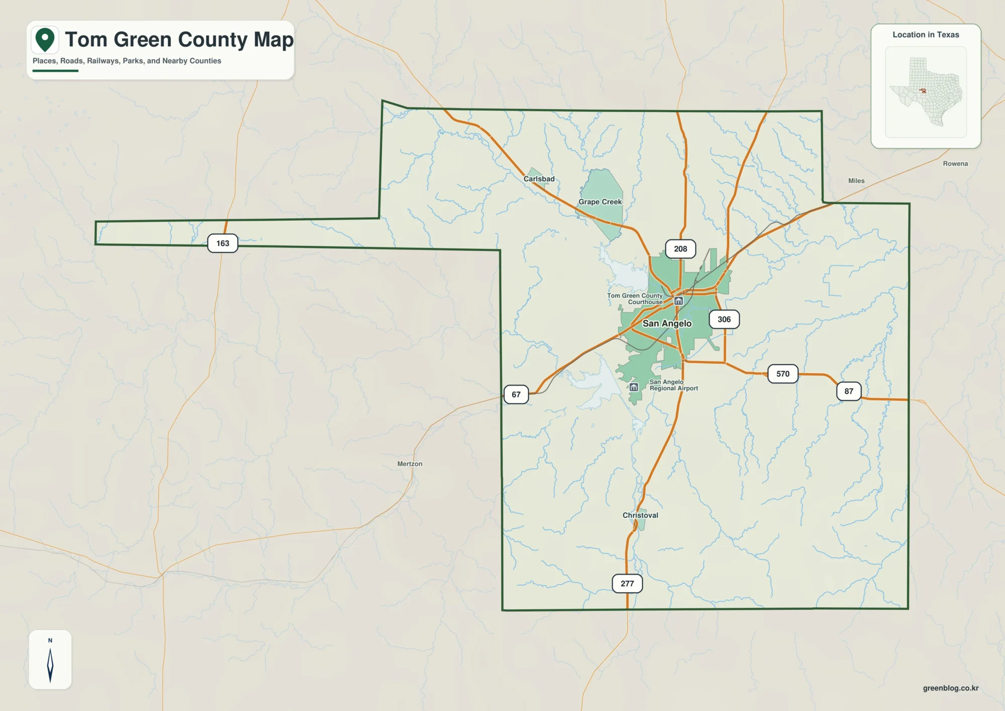 Tom Green County Texas map showing San Angelo, Christoval, Carlsbad