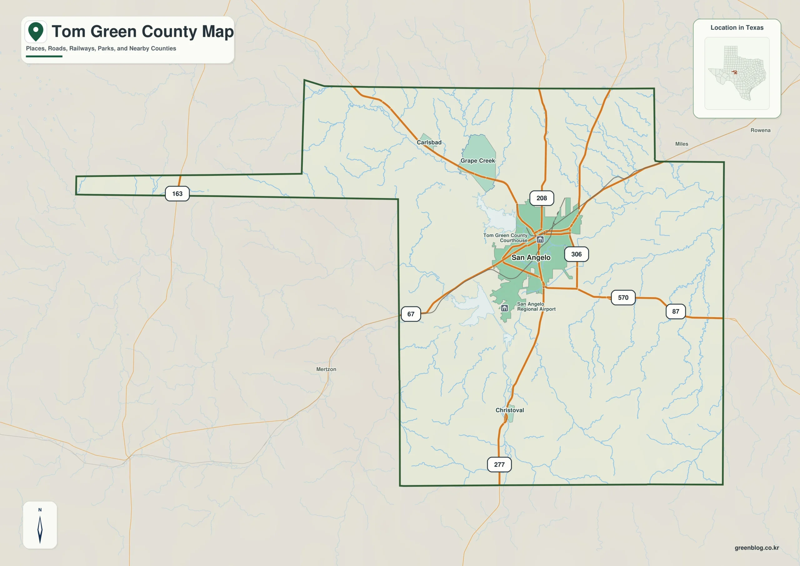 Tom Green County Texas map showing San Angelo, Christoval, Carlsbad