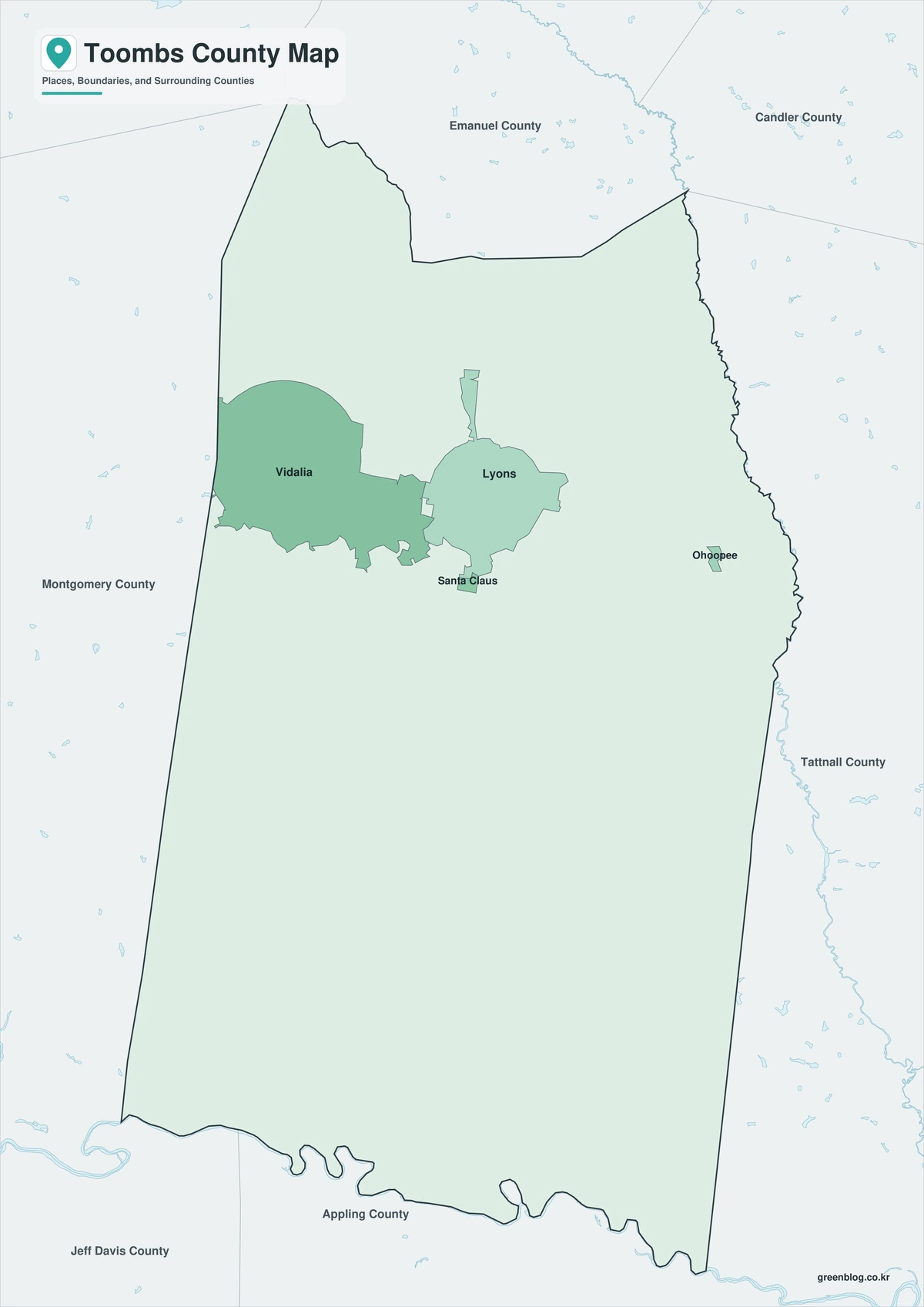 Toombs County color map with selected place labels