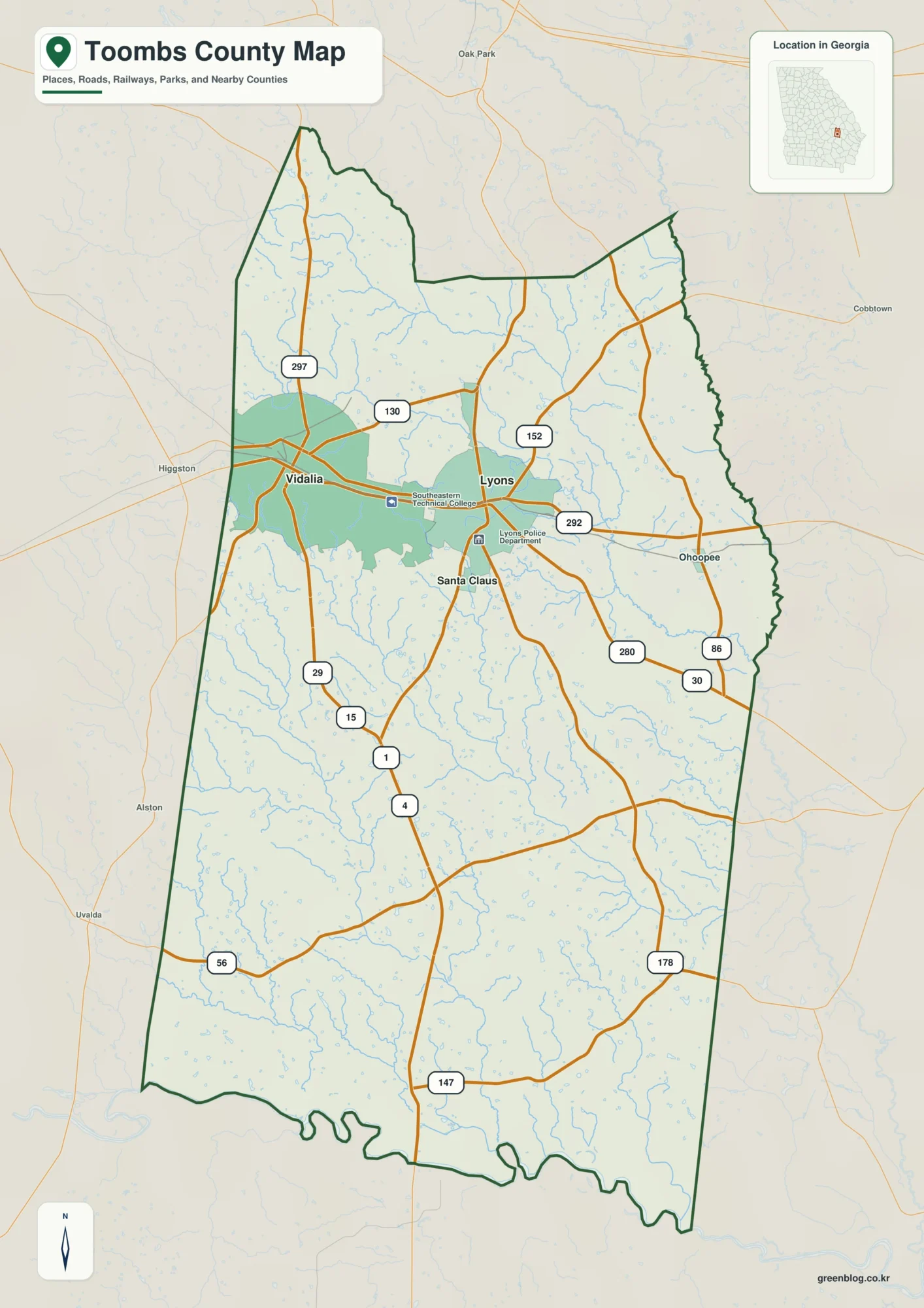 Toombs County Georgia map showing the county boundary and selected places