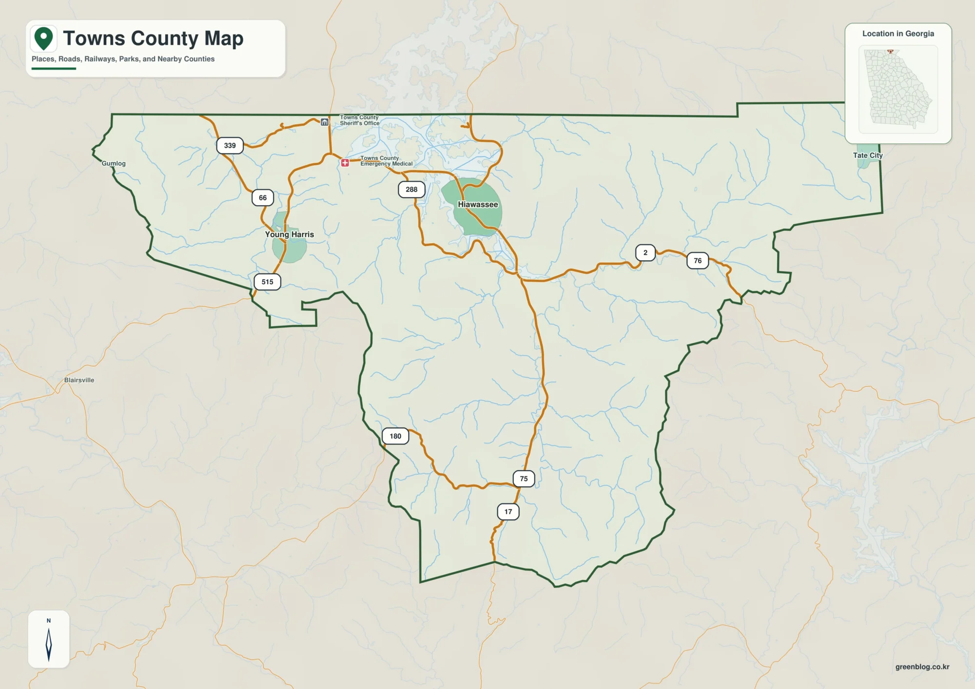 Towns County Georgia map showing the county boundary and selected places