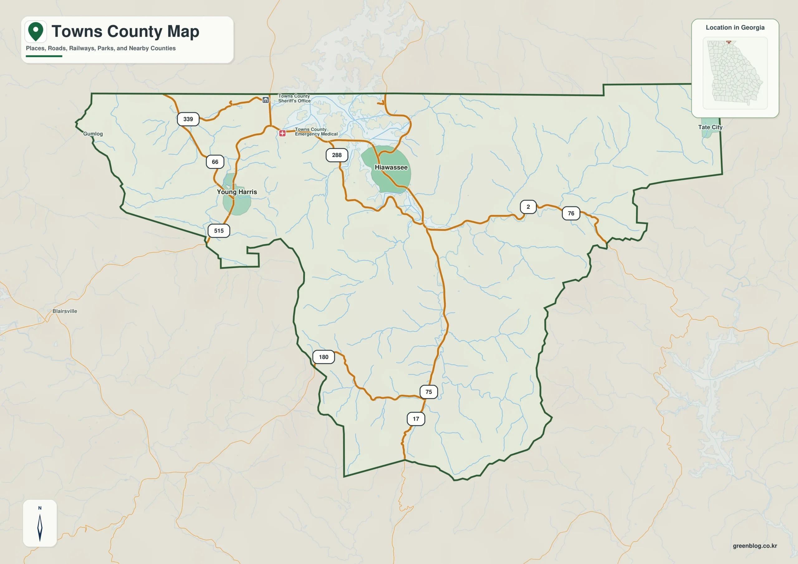 Towns County Georgia map showing the county boundary and selected places