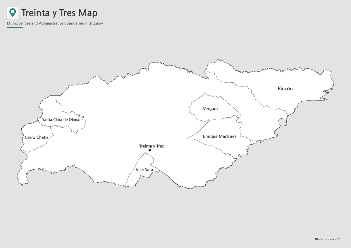 Black and white Treinta y Tres Department map with city names and municipal boundaries