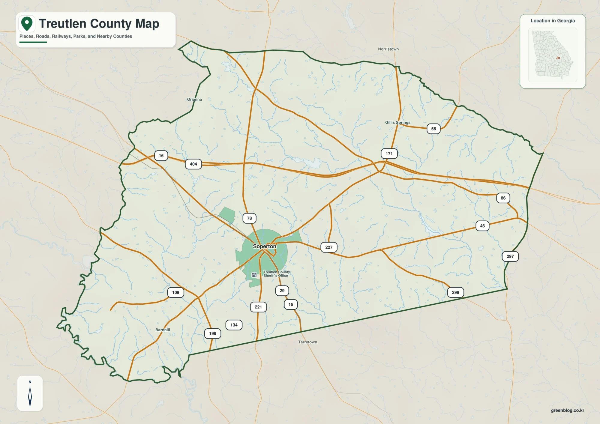 Treutlen County Georgia map showing the county boundary and selected places