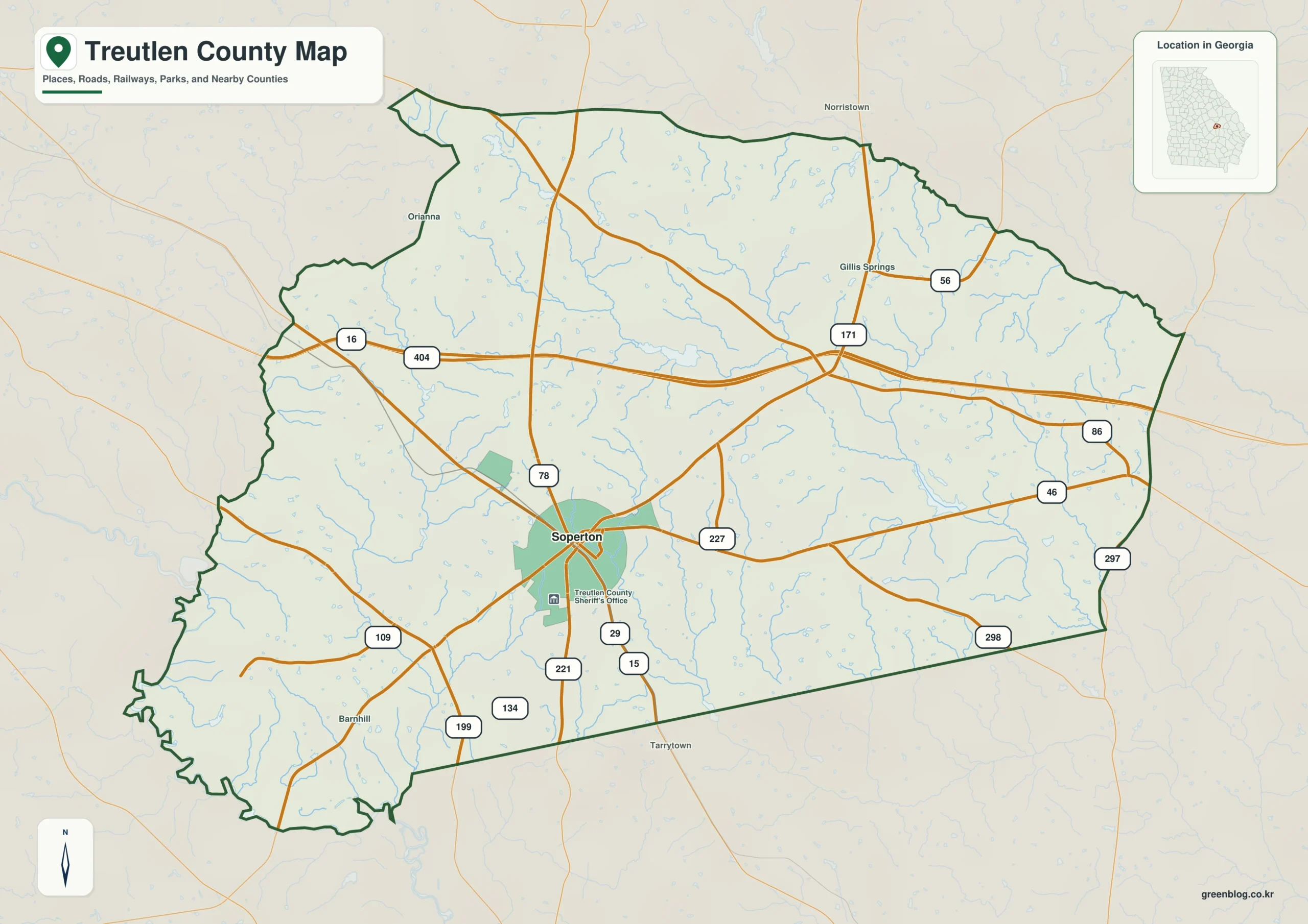 Treutlen County Georgia map showing the county boundary and selected places