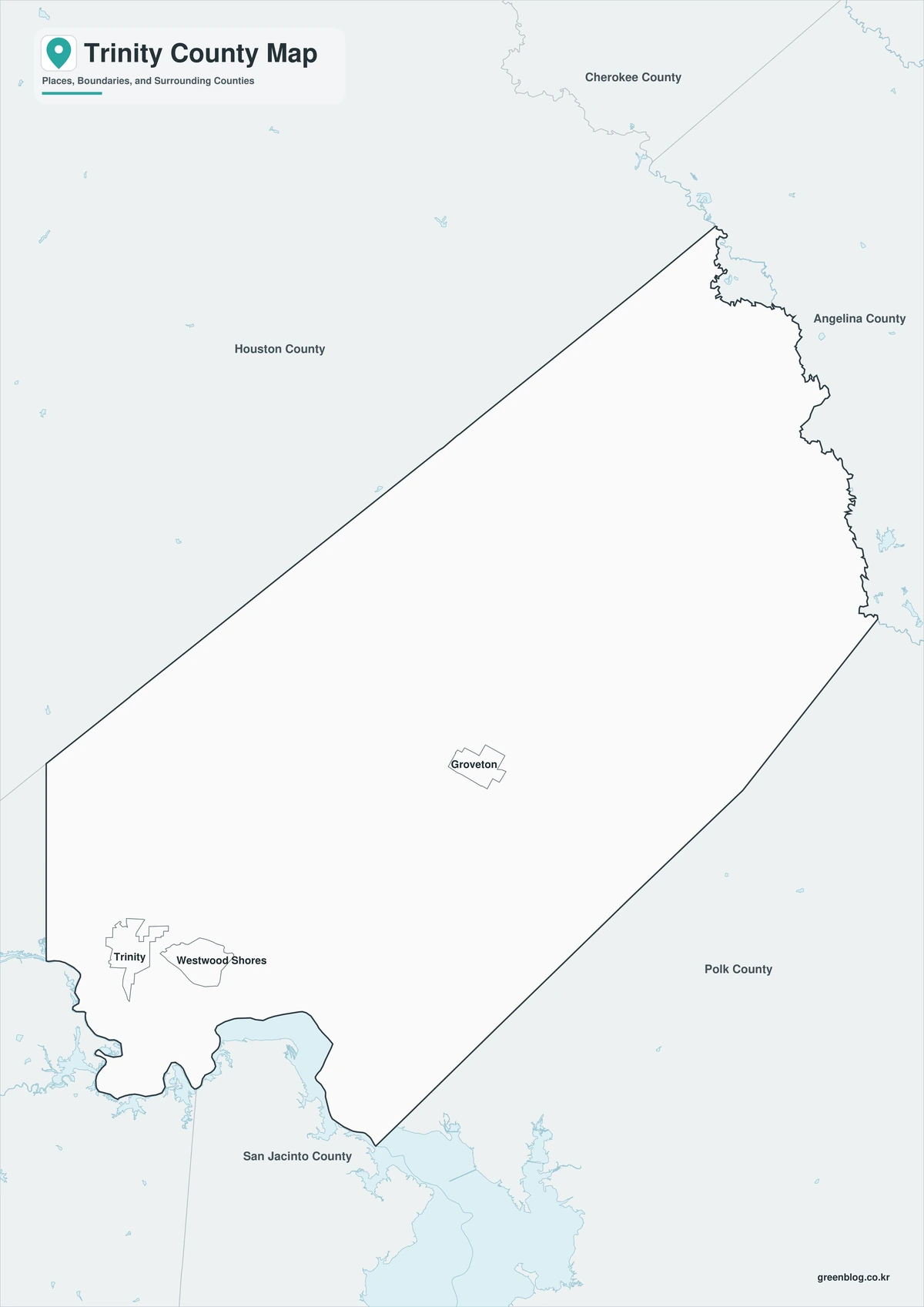Black-and-white Trinity County map with selected place labels