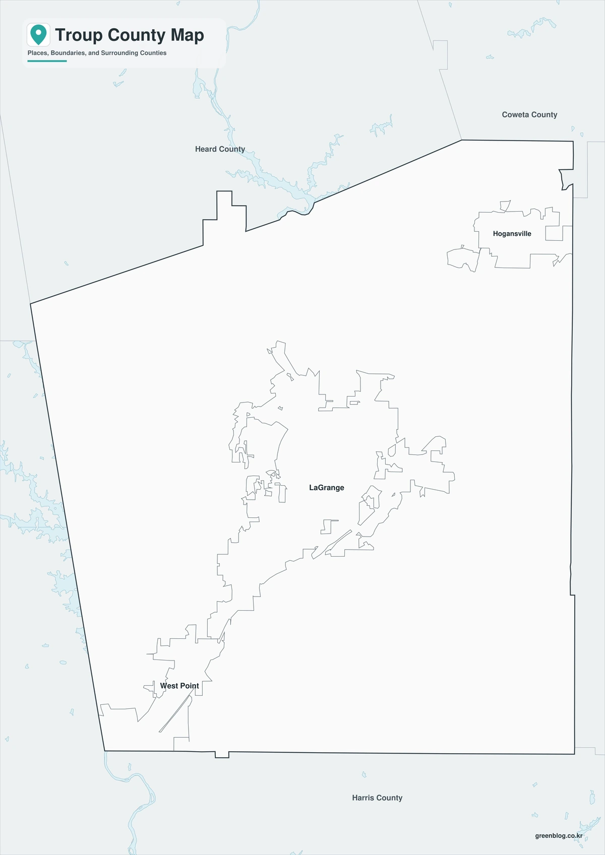 Black and white Troup County map with labels