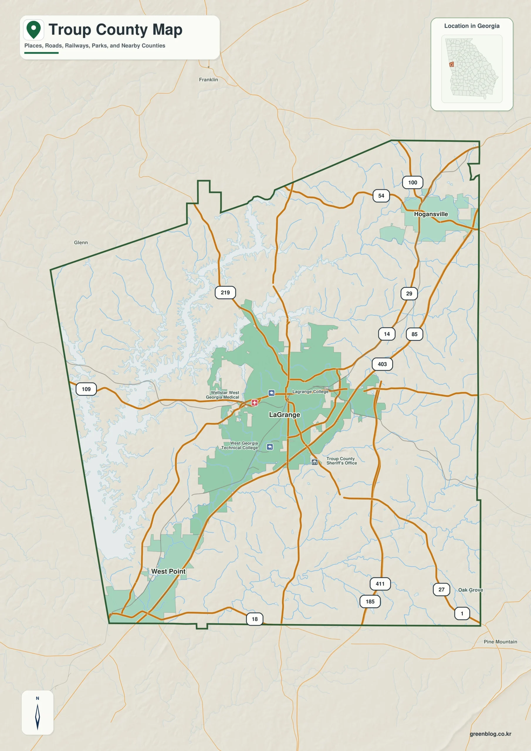 Troup County Georgia map showing the county boundary and selected places