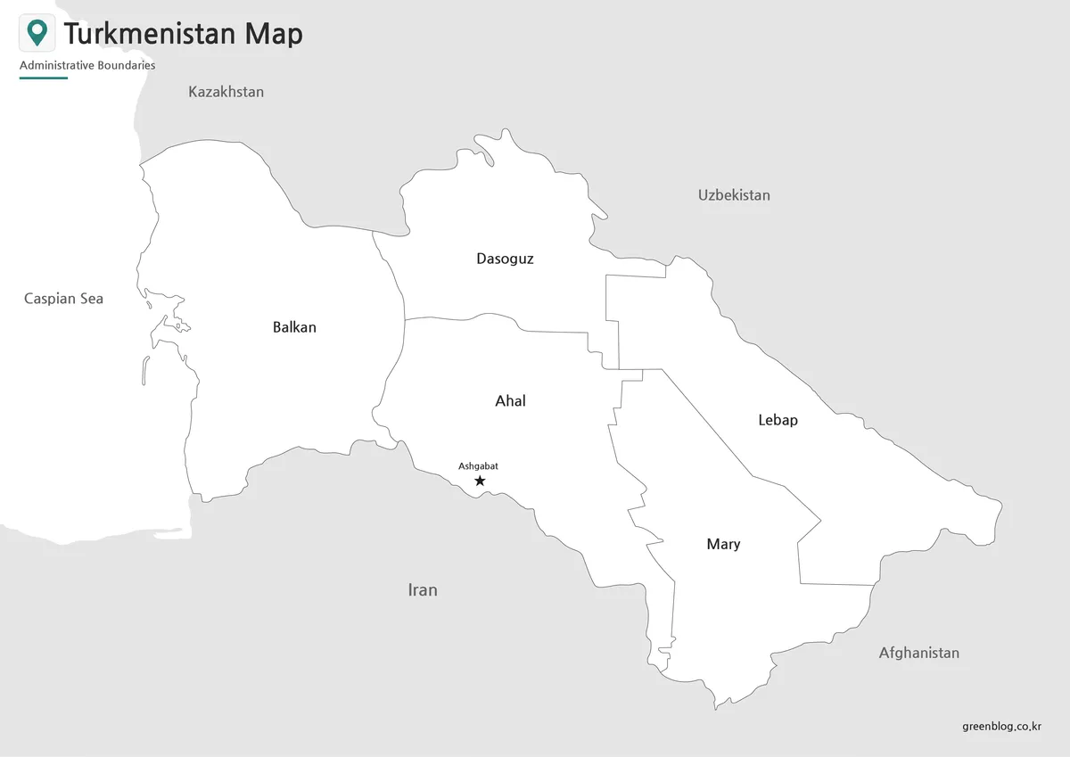 Printable Turkmenistan black and white map with labeled regional boundaries