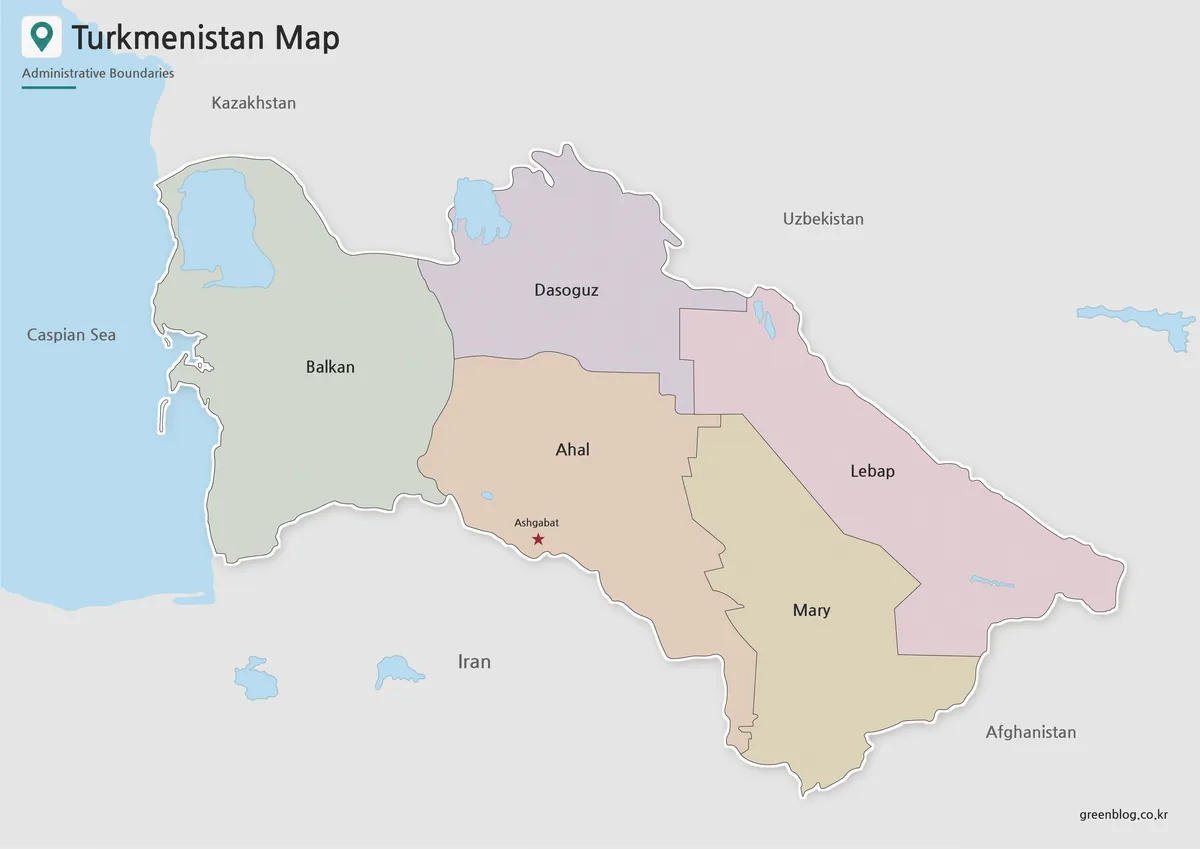 Turkmenistan map with color-coded regions, Ashgabat marker, Caspian Sea, and neighboring country labels