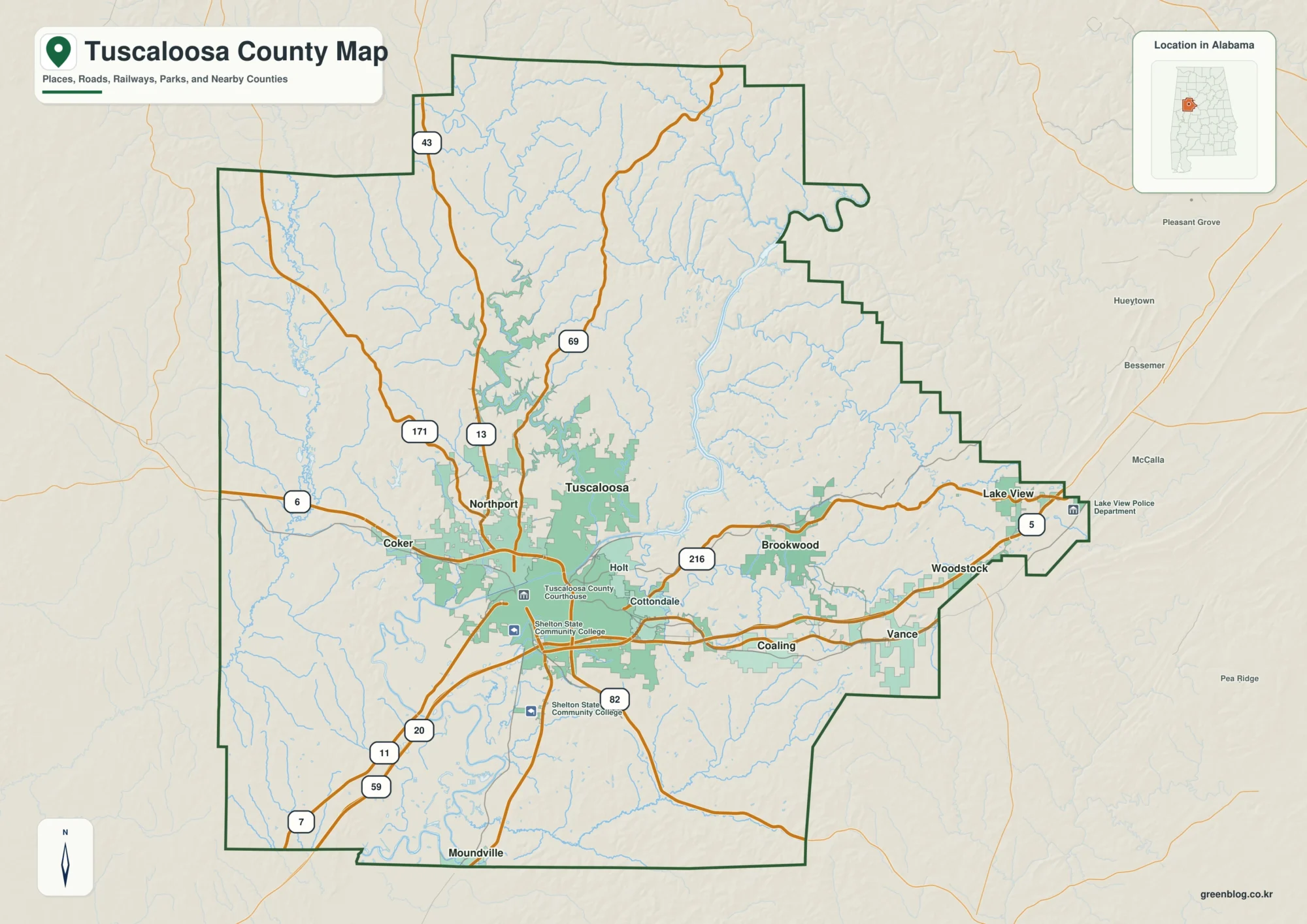 터스컬루사 카운티 Tuscaloosa County 앨라배마 지도에서 카운티 경계와 주요 지명을 확인하는 지도