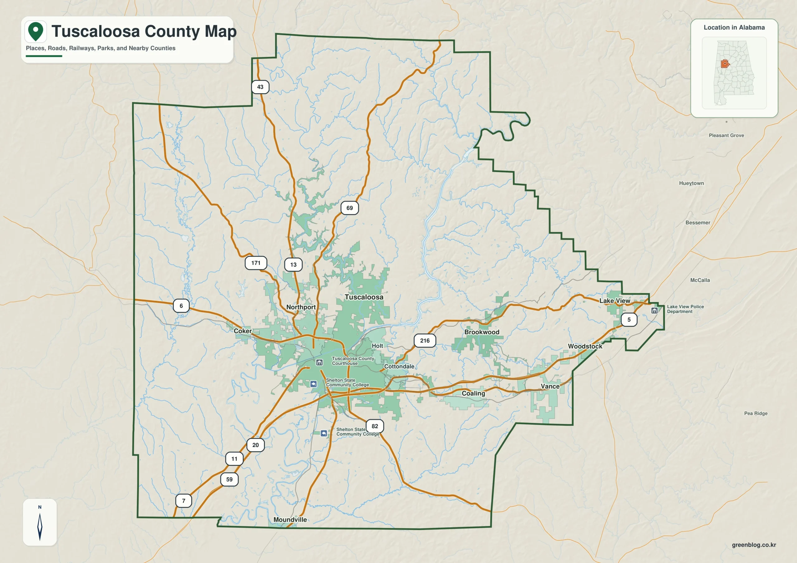 터스컬루사 카운티 Tuscaloosa County 앨라배마 지도에서 카운티 경계와 주요 지명을 확인하는 지도