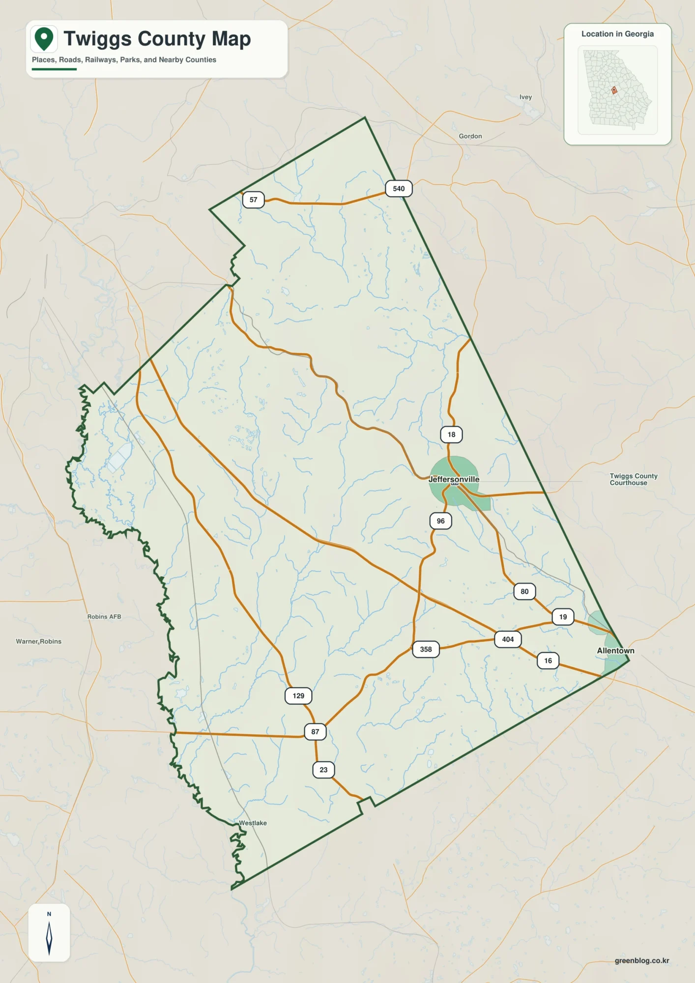 Twiggs County Georgia map showing the county boundary and selected places