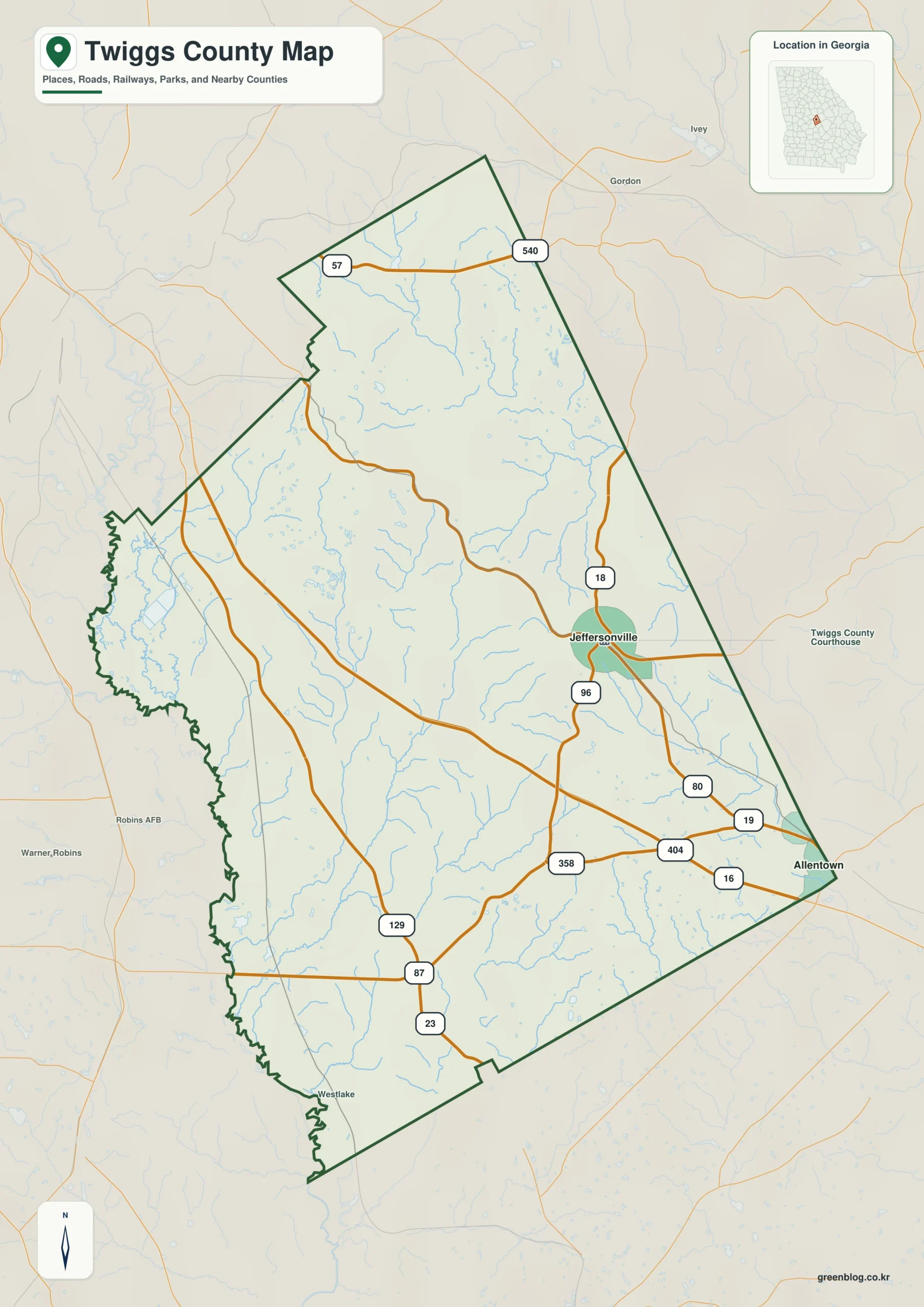 Twiggs County Georgia map showing the county boundary and selected places