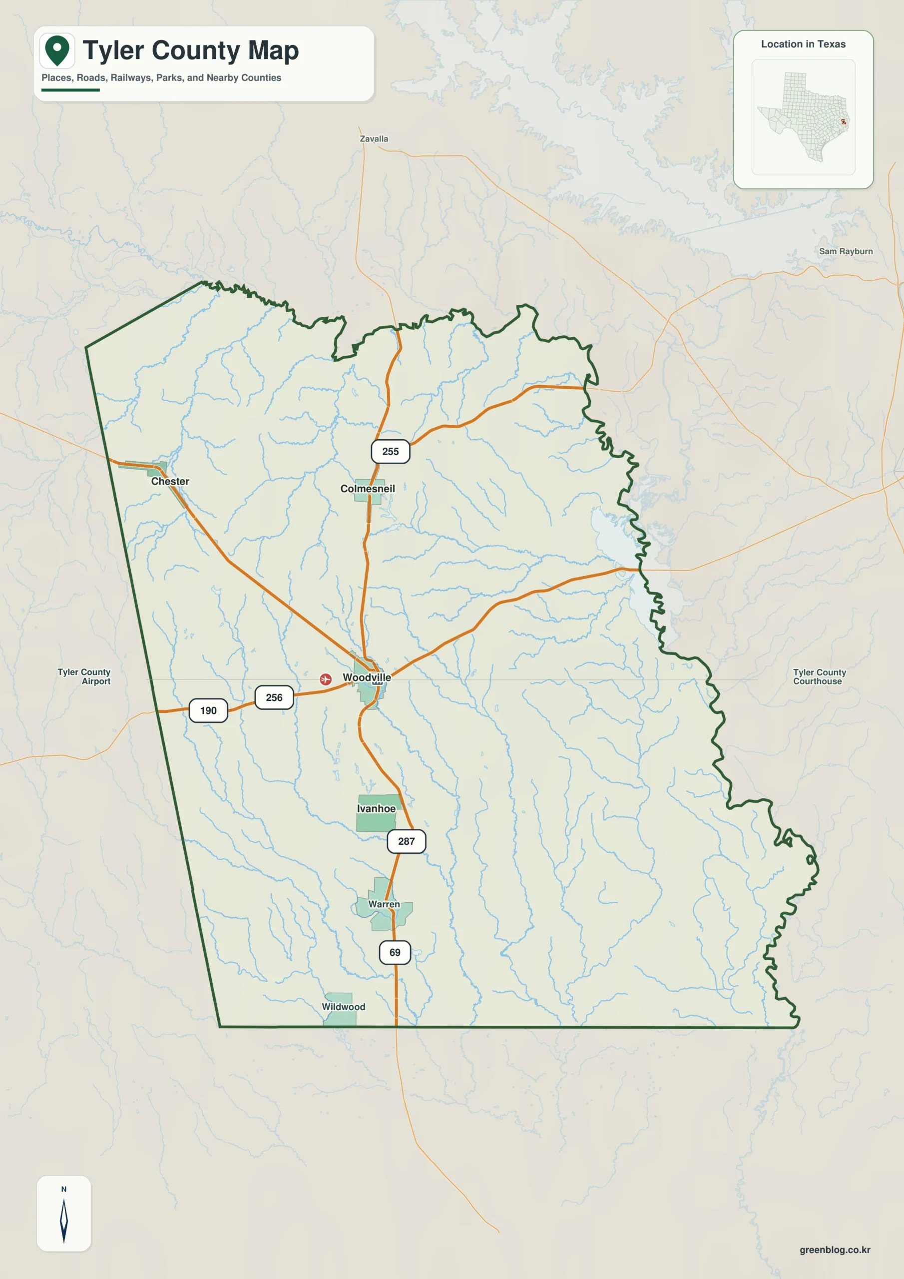 Tyler County Texas map showing Woodville, Colmesneil, Warren
