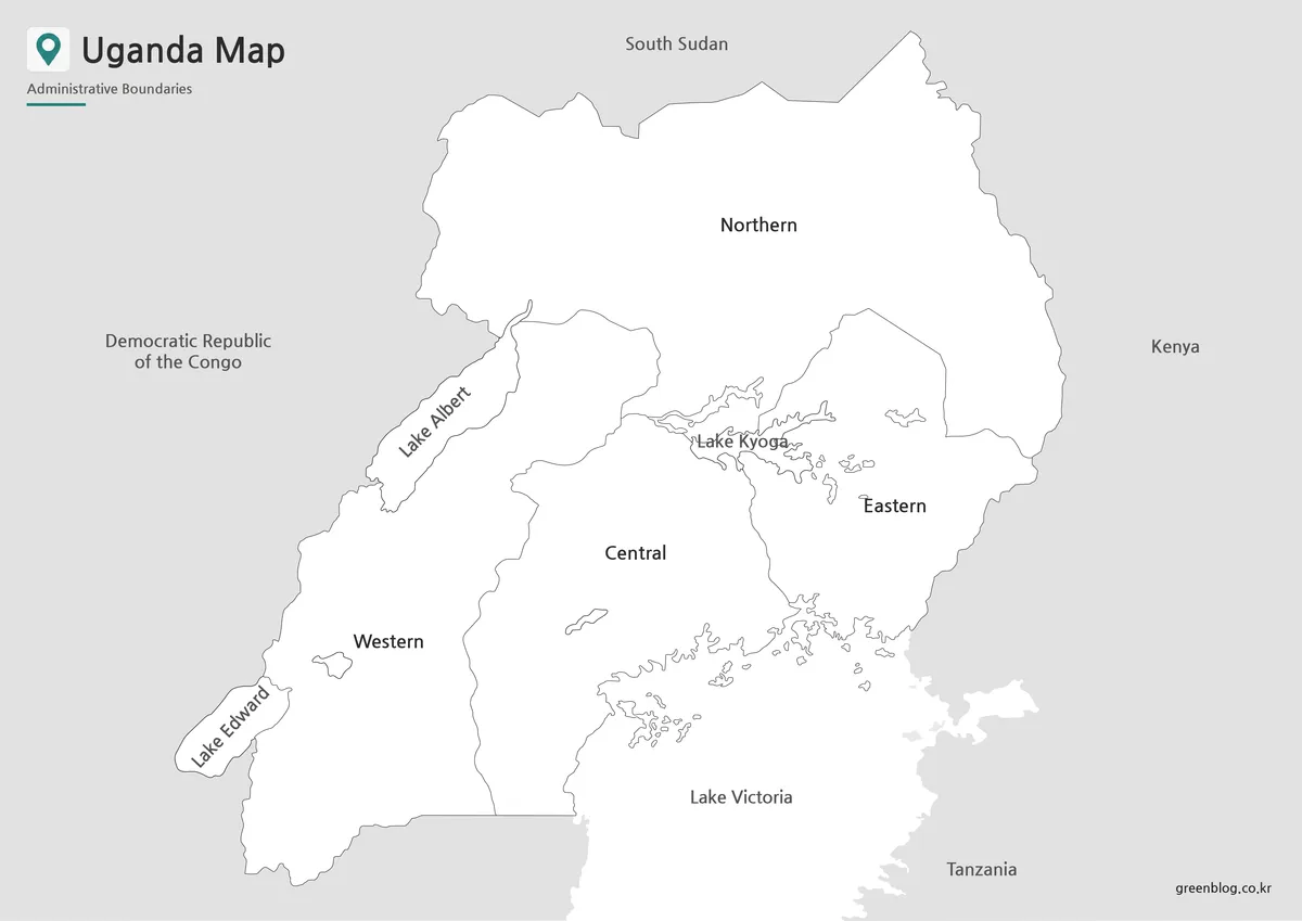 Printable black and white Uganda map with regional boundaries and labels
