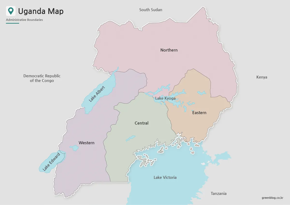 Uganda map with color-coded regional divisions and major lakes for printable educational use