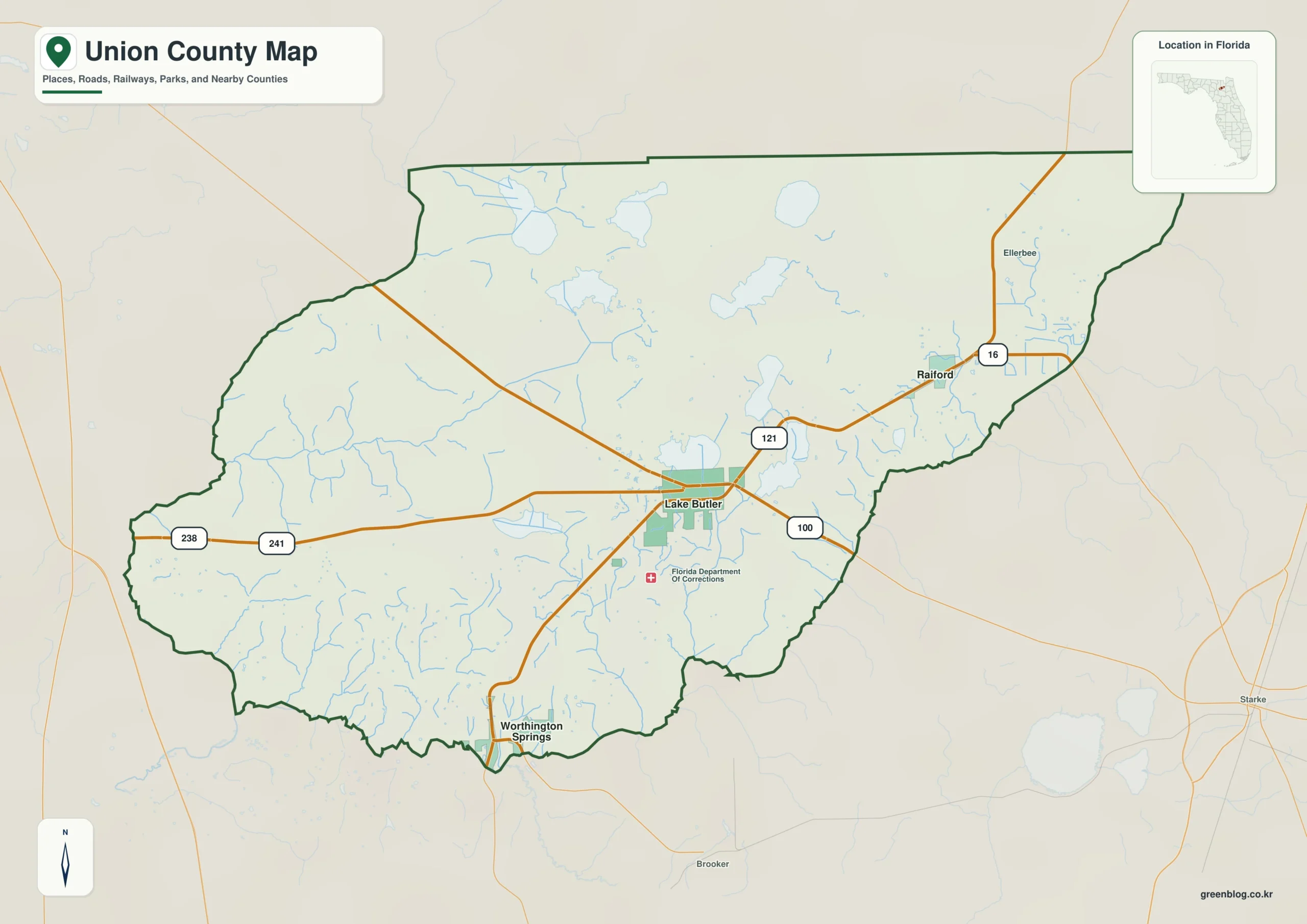 Union County Florida map showing Lake Butler, Raiford, Worthington Springs