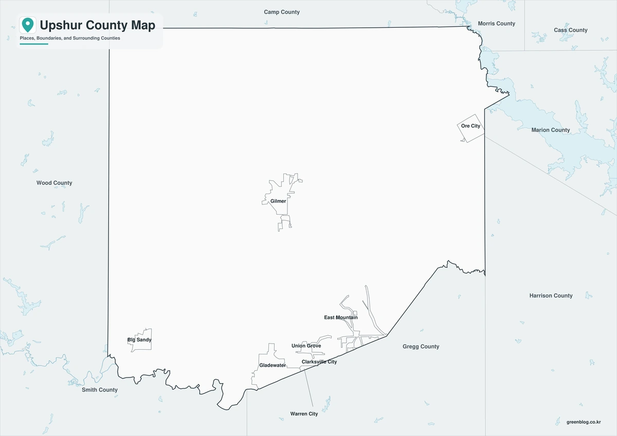 Black-and-white Upshur County map with selected place labels