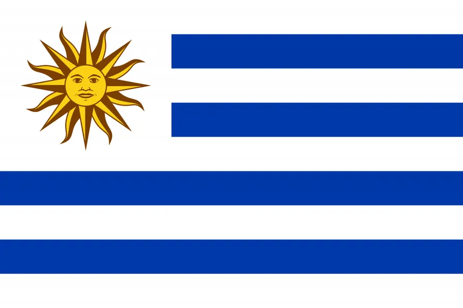 Uruguay flag with sun symbol shown alongside a printable Uruguay map resource.