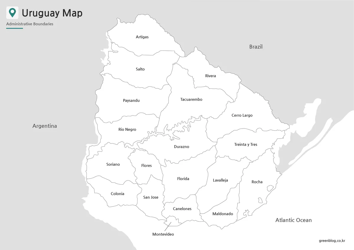 Printable black and white Uruguay map with regional boundaries and labels