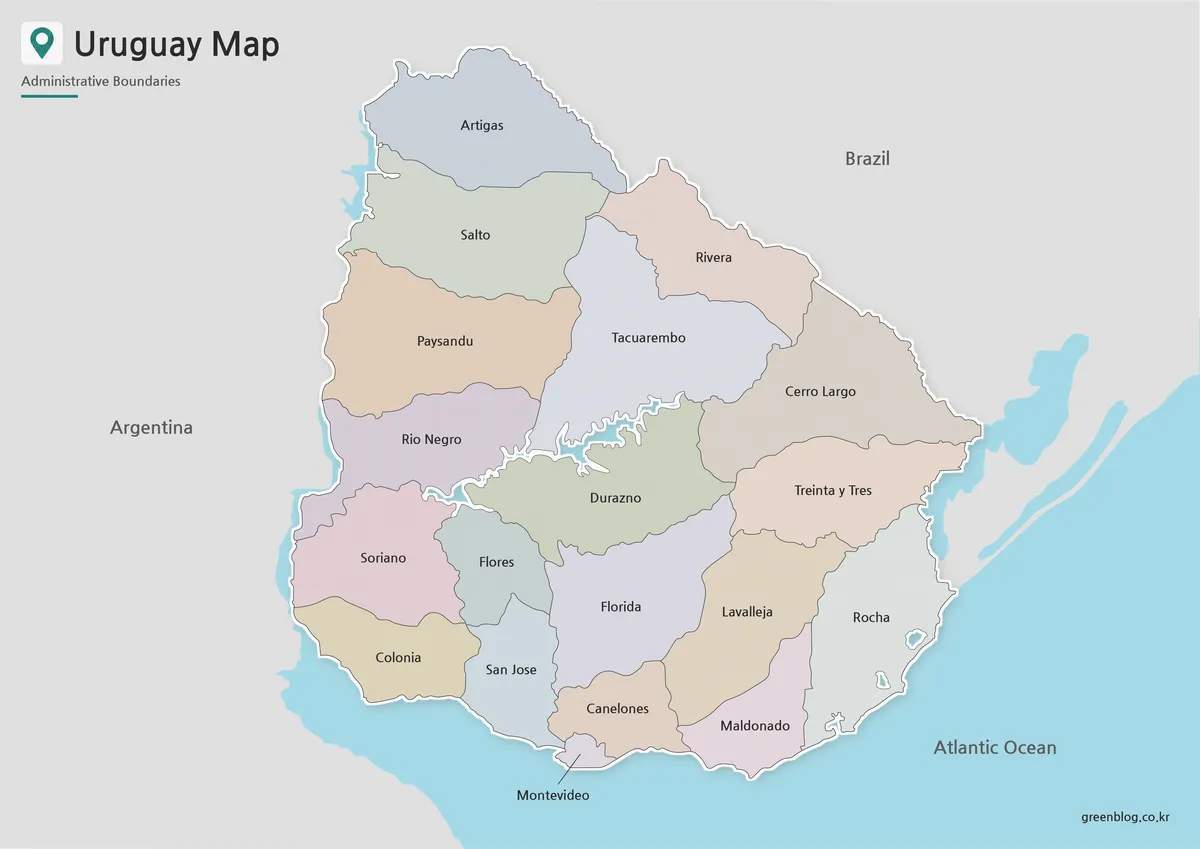Uruguay map with color-coded administrative regions and Montevideo for printable educational use