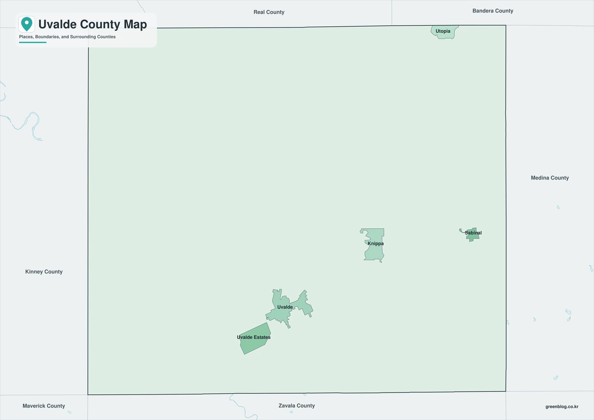 Color map of Uvalde County Texas and neighboring counties