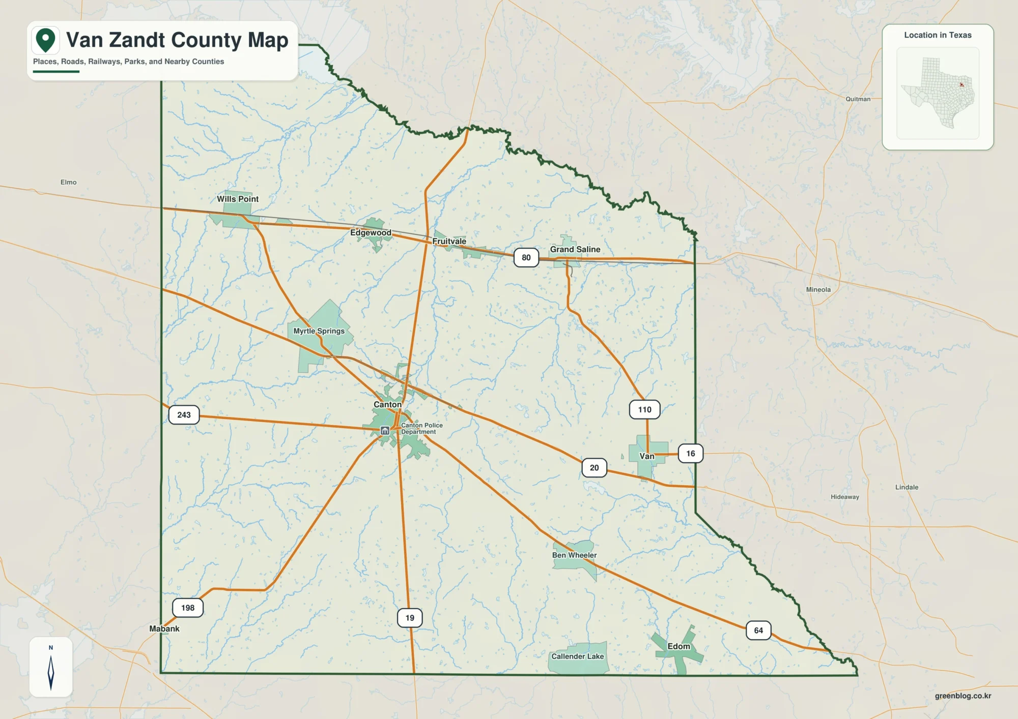 Van Zandt County Texas map showing Canton, Grand Saline, Van
