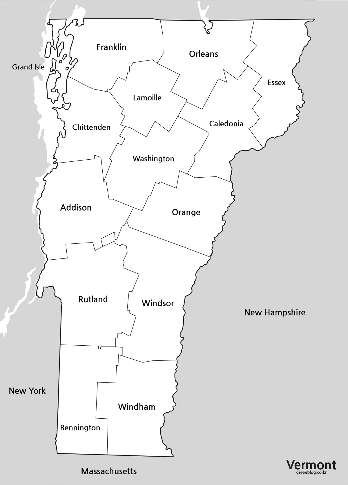 Printable black and white Vermont map with labeled county boundaries